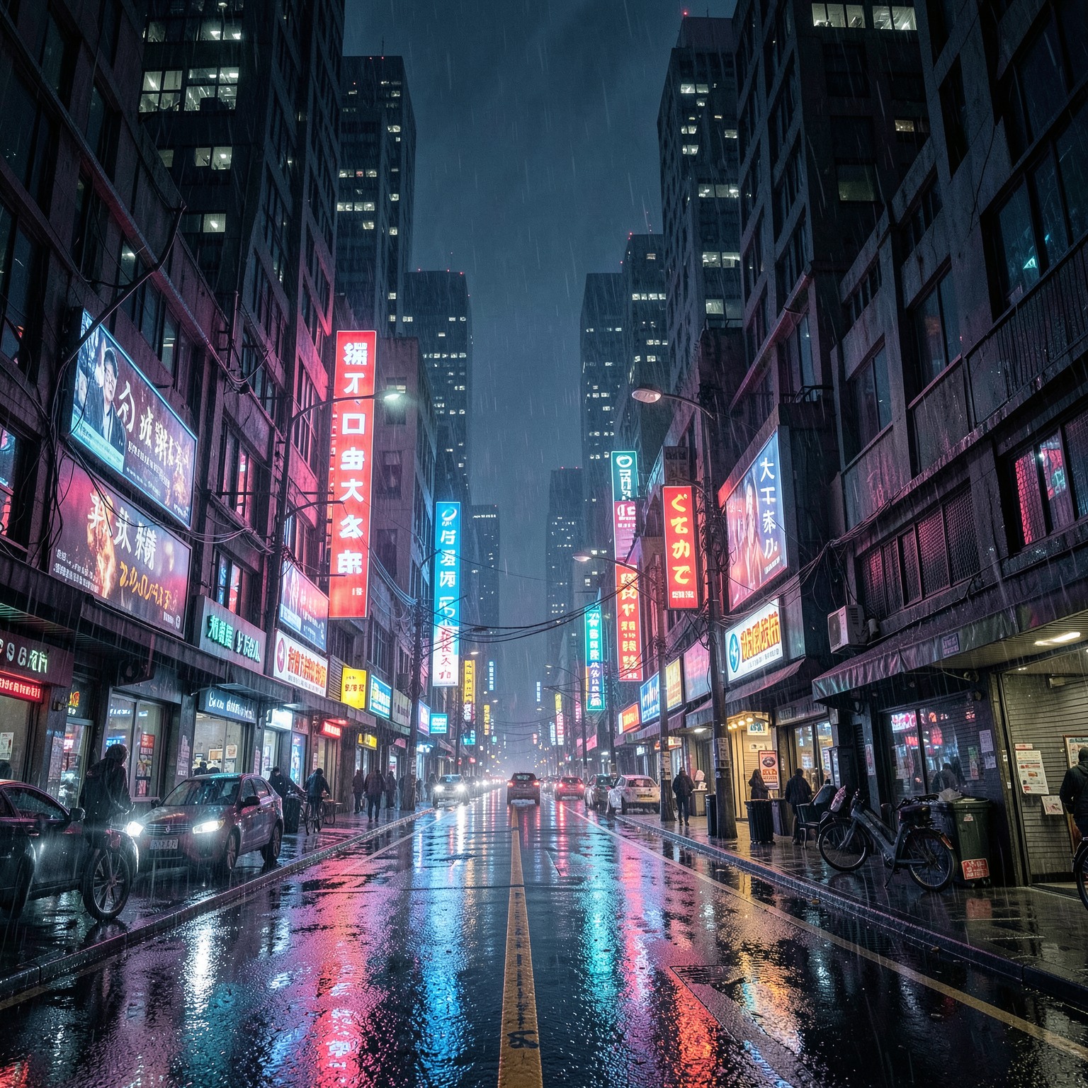 Cinematic cyberpunk city at night, neon reflections, rainy streets, ultra realistic, volumetric lighting, 8k