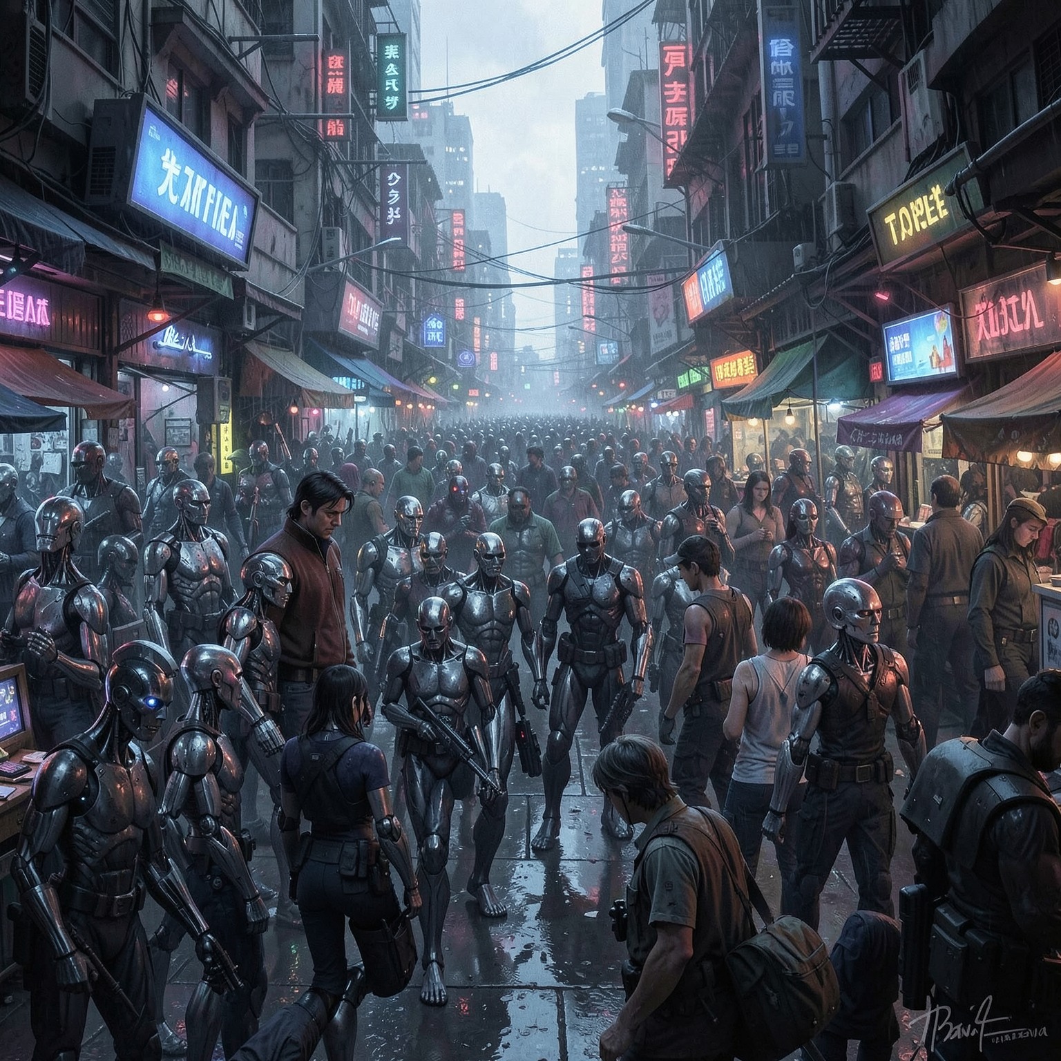 cyberpunk marketplace crowded with androids and humans