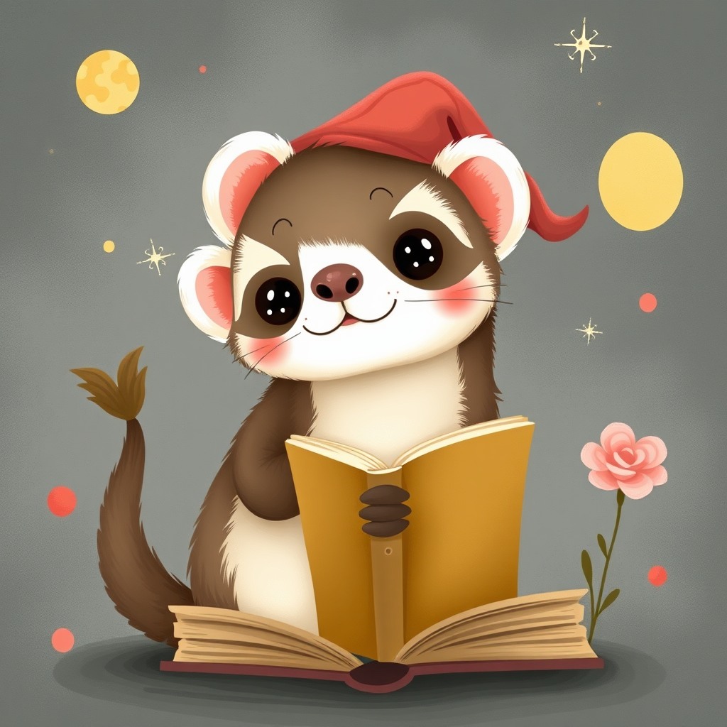 playful ferret, storybook style, whimsical cute style