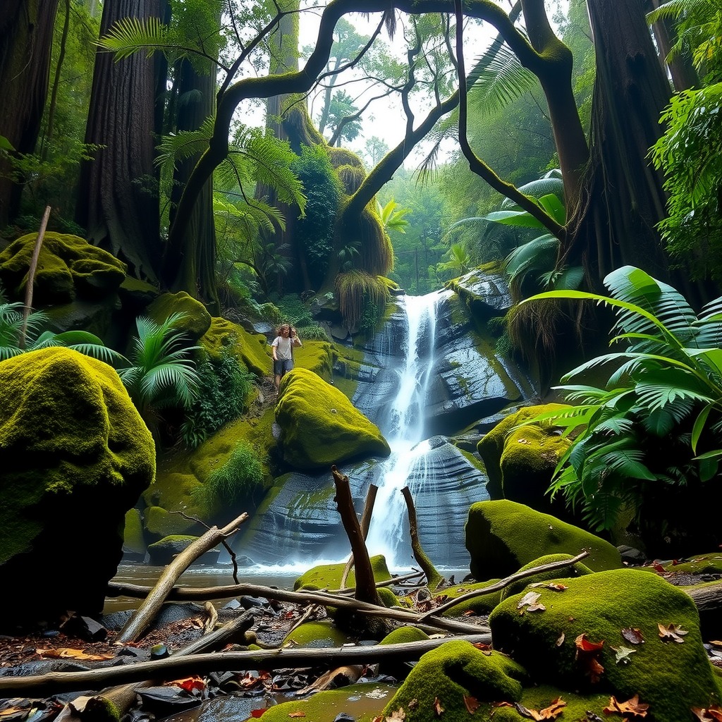 Photo-realistic view of a secluded waterfall in a tropical forest, moss-covered rocks, natural humidity, sharp details
