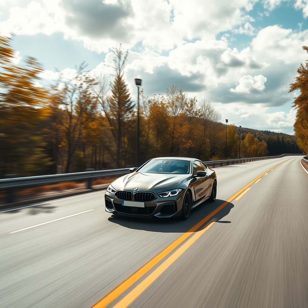bmw car m8  on the road, photorealistic cinematic, wide angle, 24mm wide lens