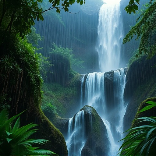 beautiful rain forest with waterfall and buterflys, hyper-realistic, cinematic lighting