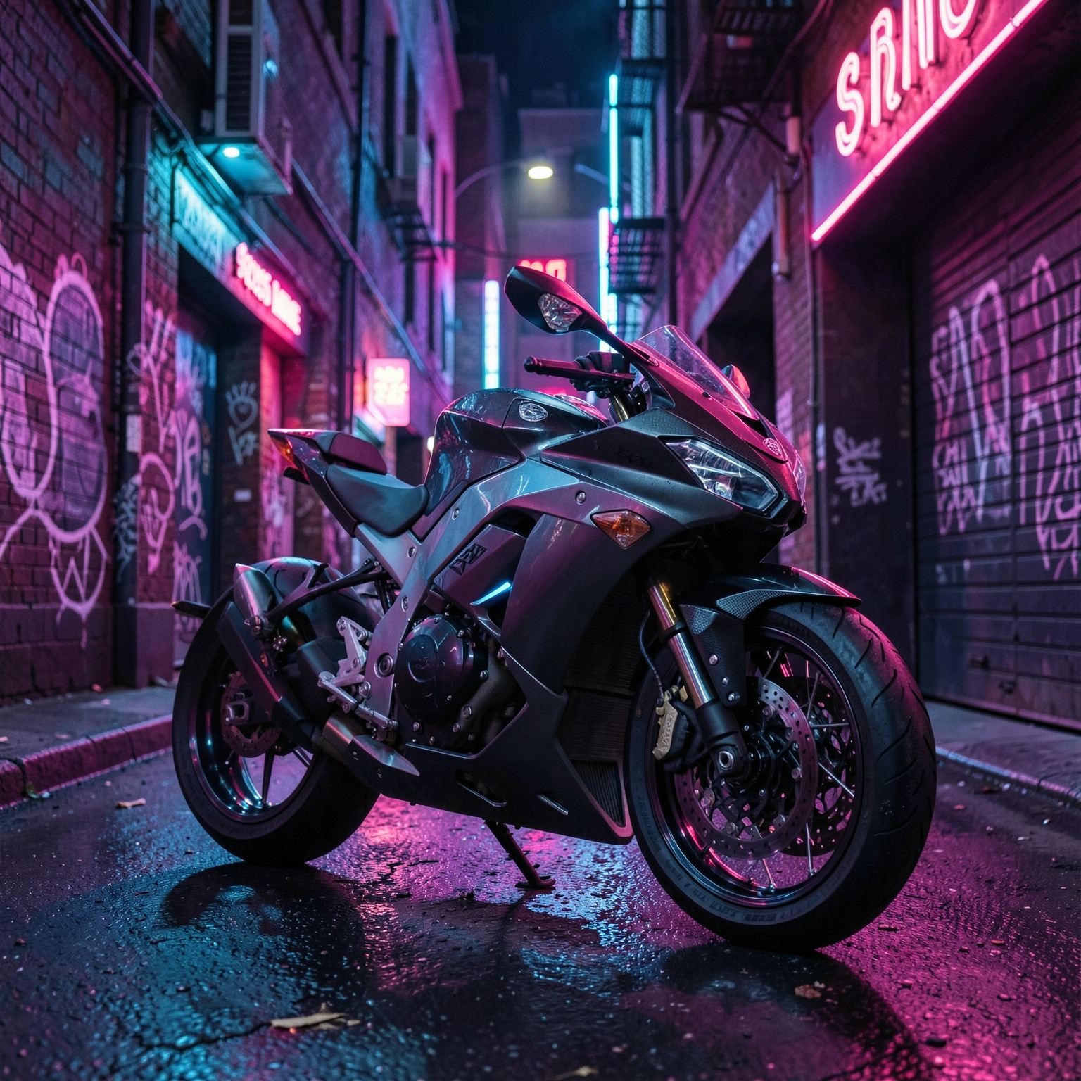 futuristic motorcycle parked in neon alley