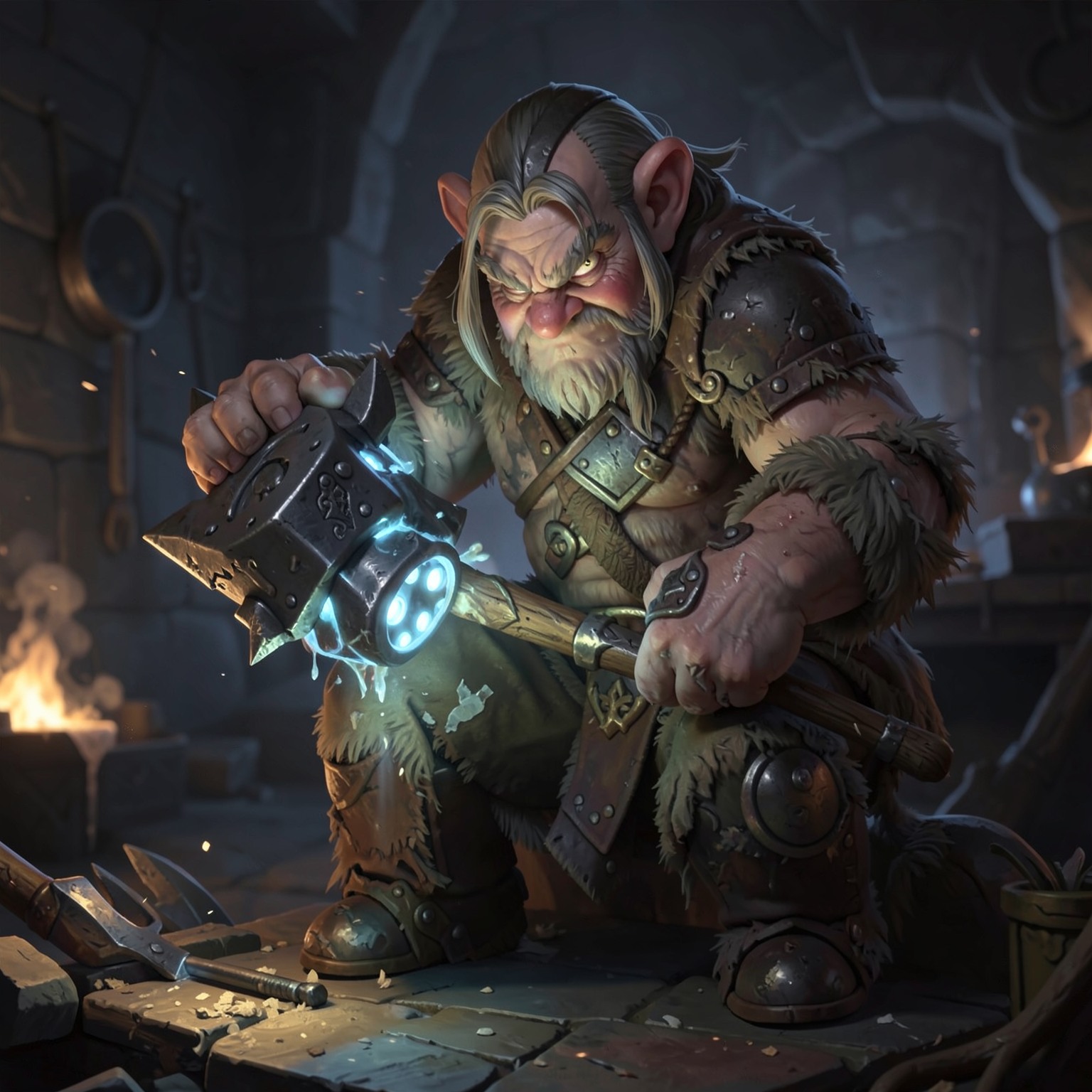 fantasy dwarf blacksmith forging magical hammer