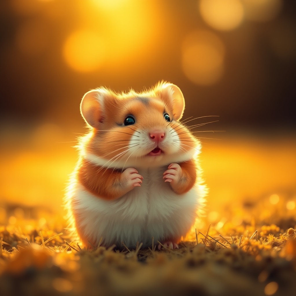 fluffy hamster, golden hour light, whimsical cute style