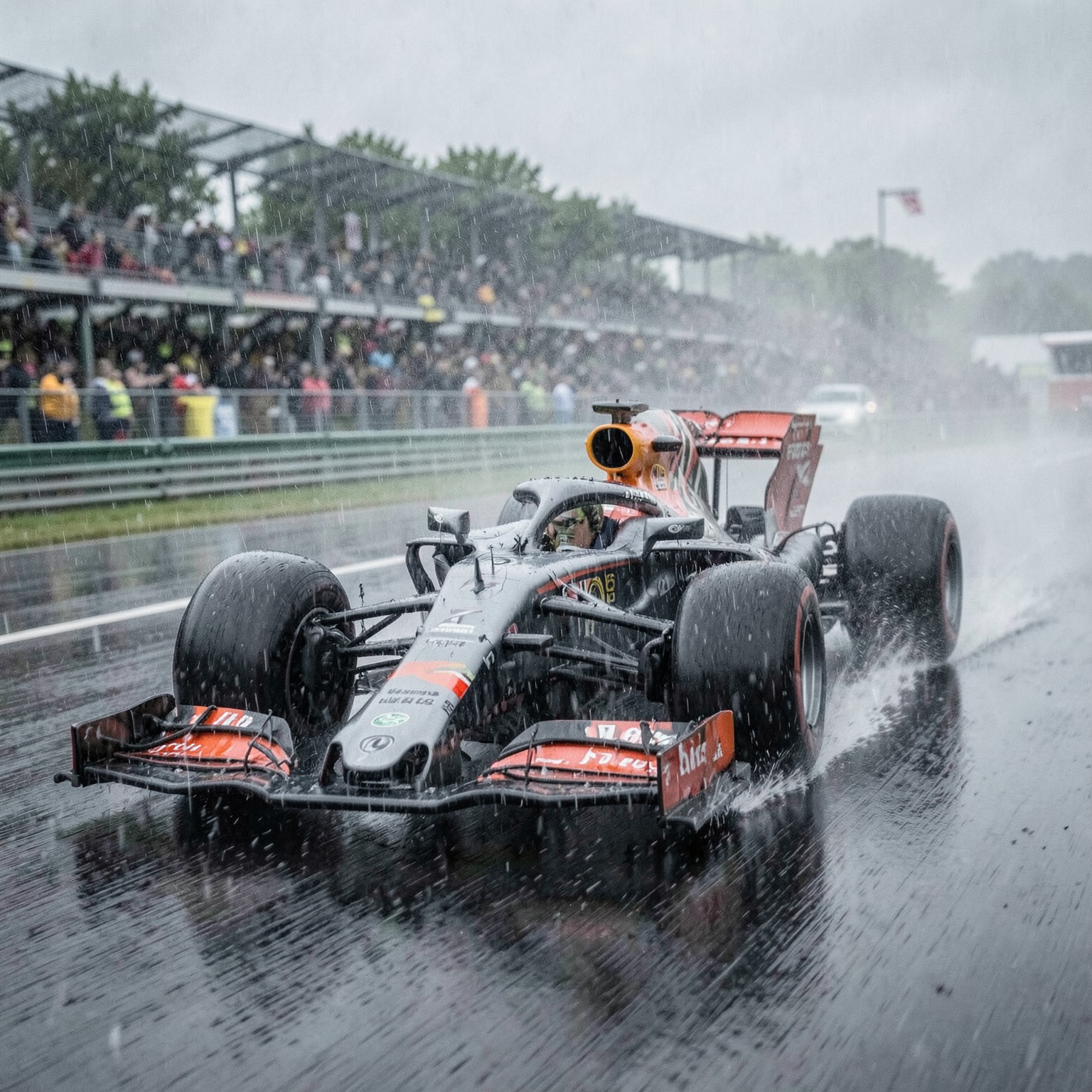 realistic Formula 1 car racing through rain at high speed