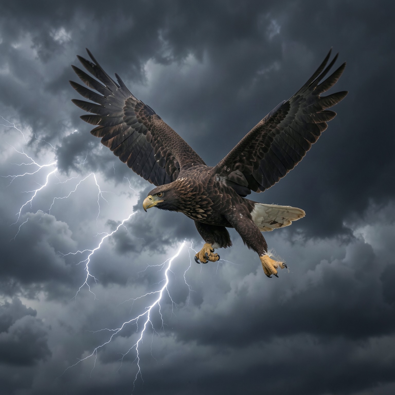 realistic eagle flying through storm clouds