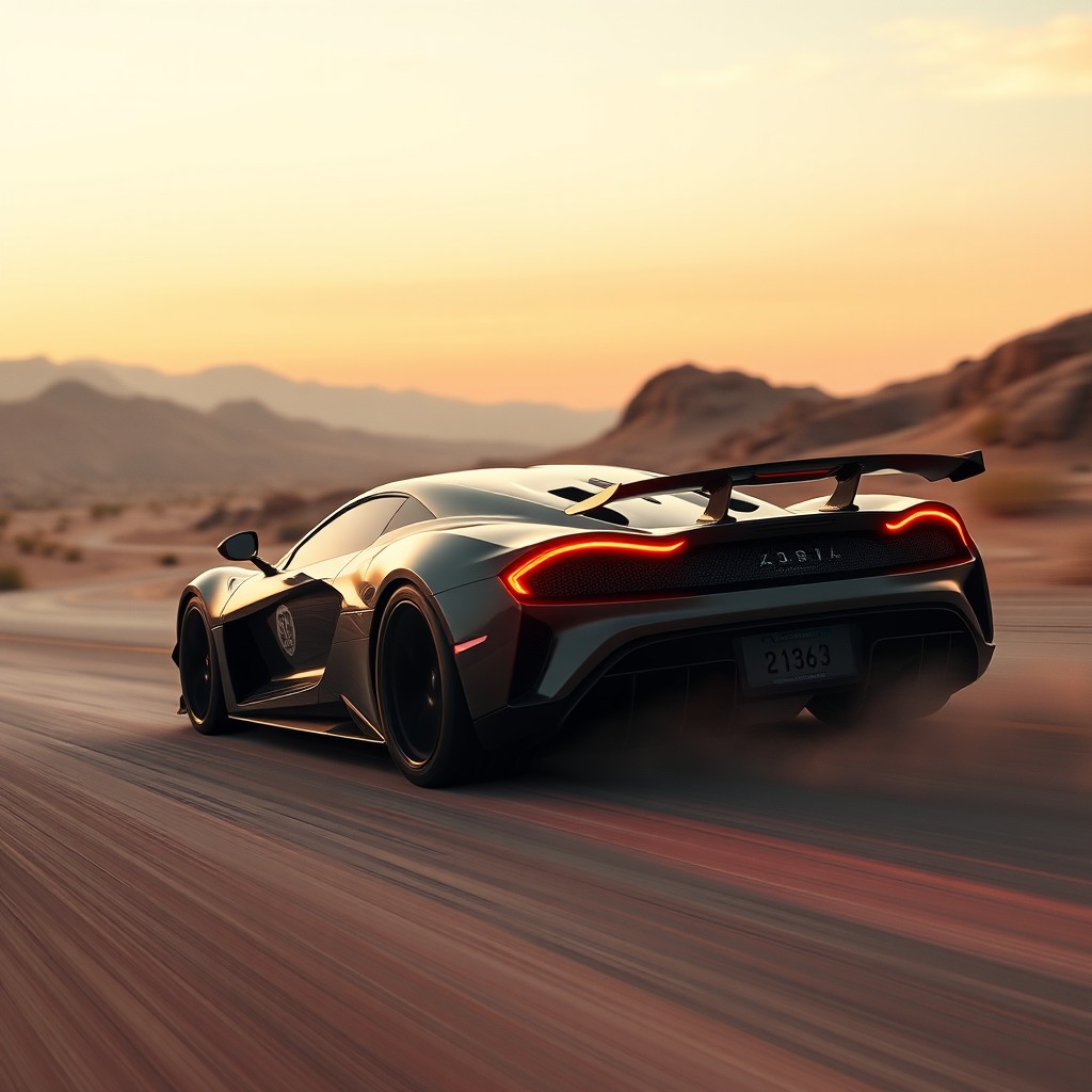 luxury sports car in a desert landscape, cinematic lighting, ultra realistic, motion blur