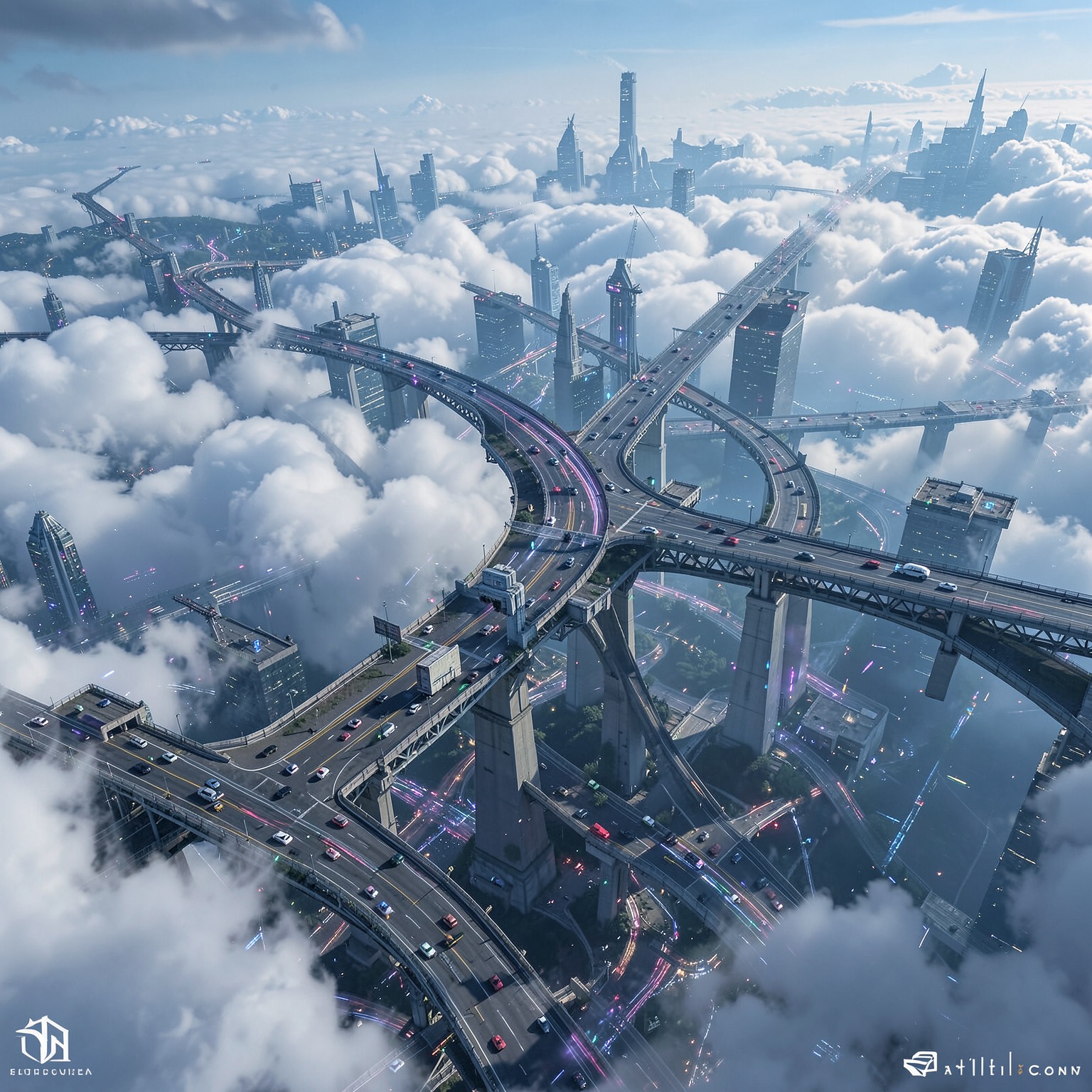 Floating cyberpunk highway above clouds