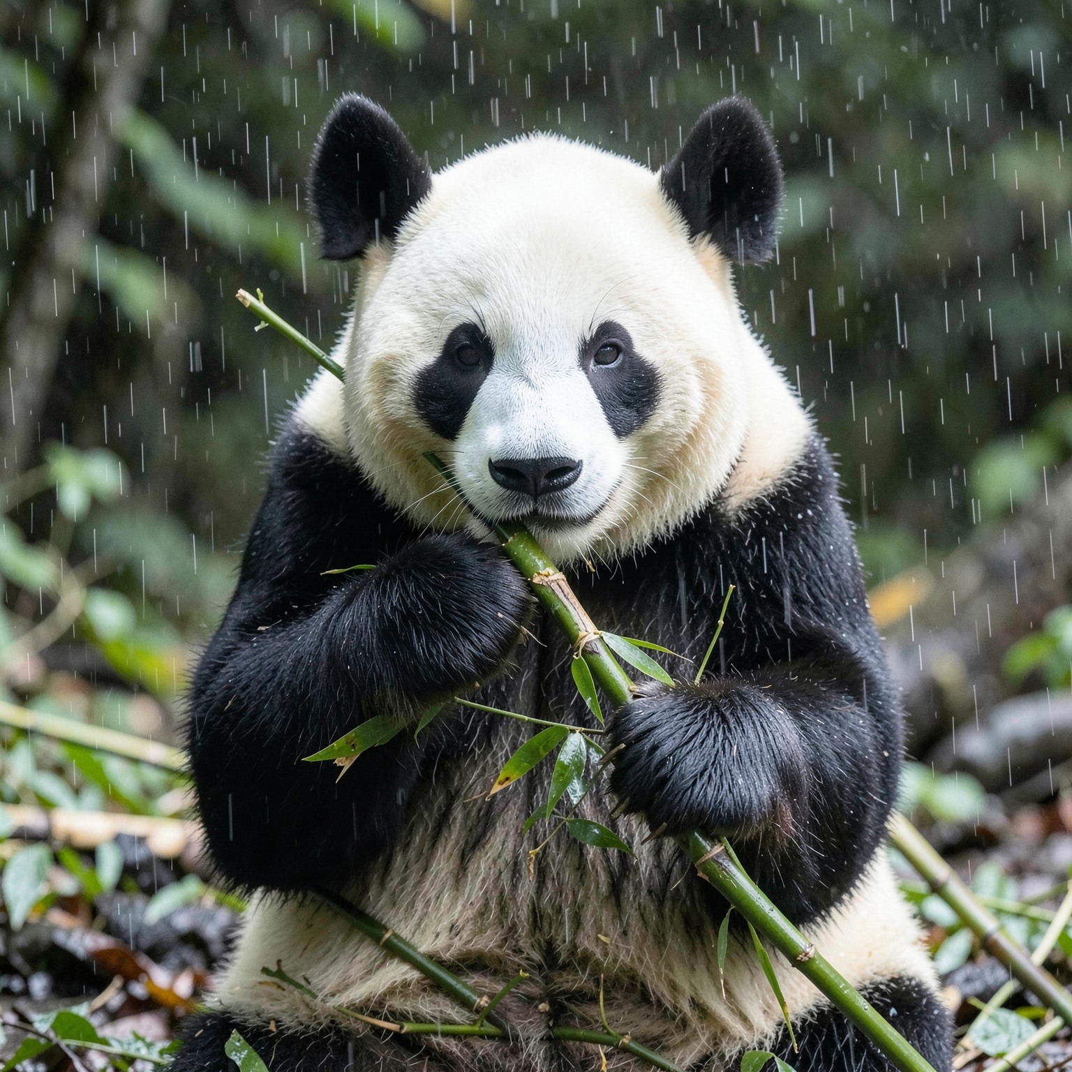 realistic panda eating bamboo in rain