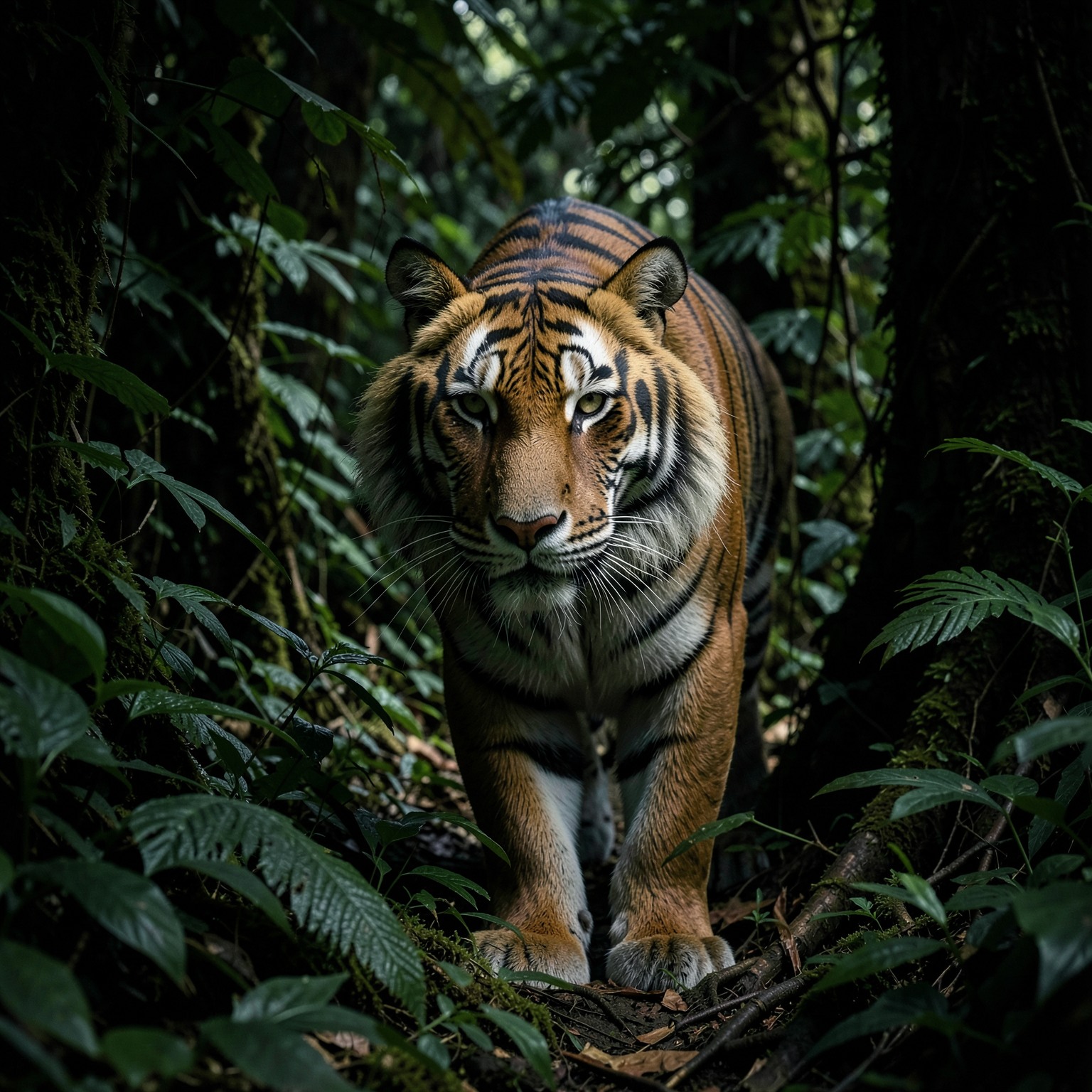 ultra realistic tiger emerging from jungle shadows