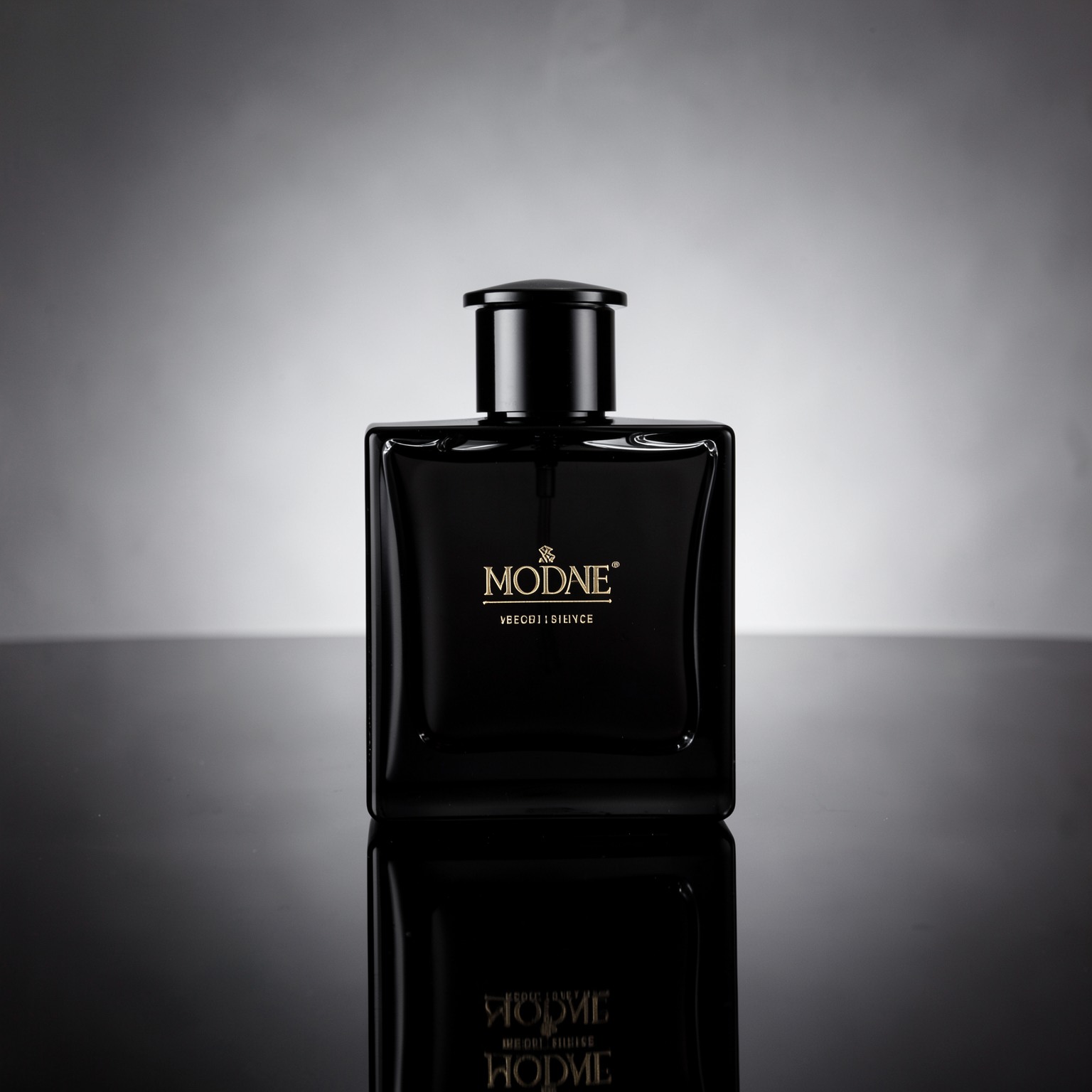 luxury black perfume bottle on reflective surface, studio lighting