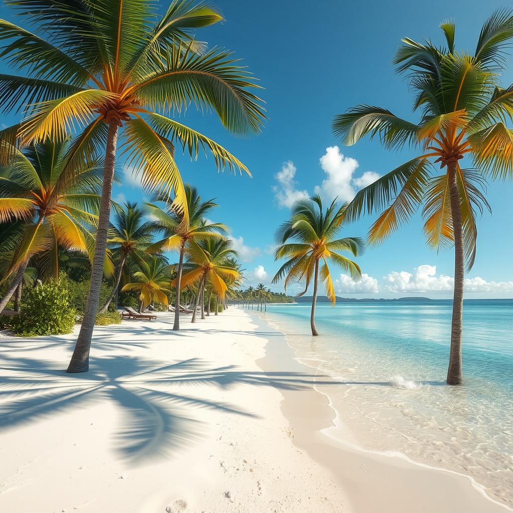 Photo-realistic tropical coastline with palm shadows on sand, natural color grading