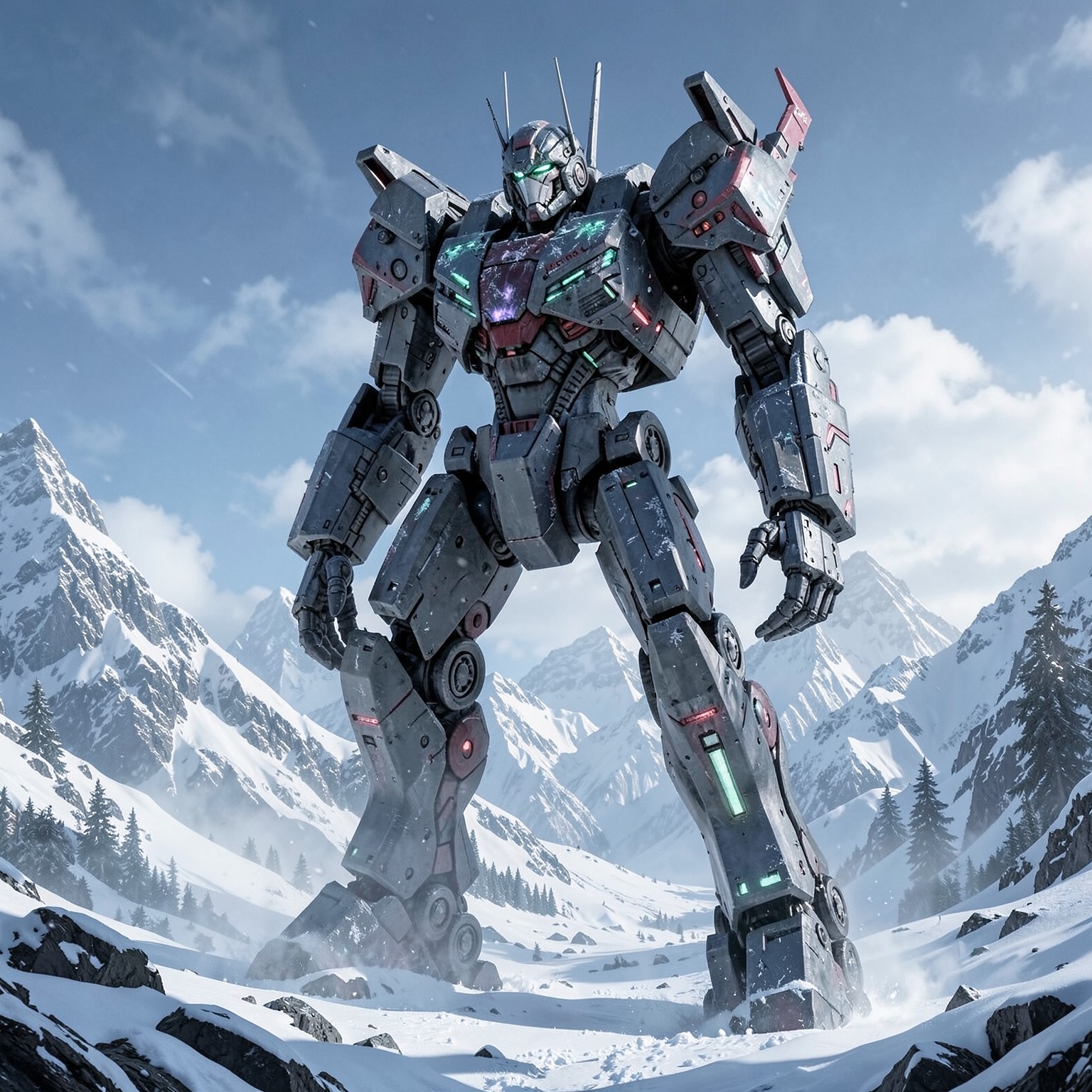 giant mech standing in snowy mountains