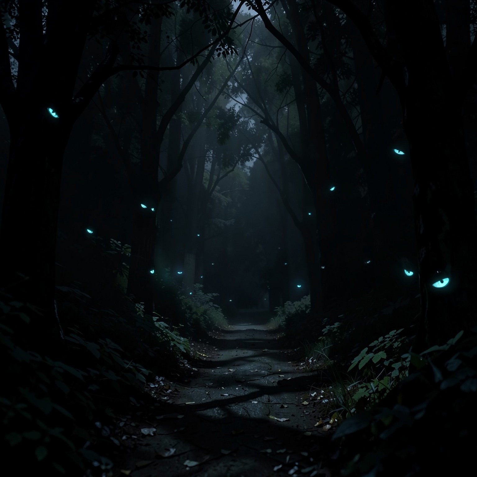 dark mysterious forest path with glowing eyes in shadows