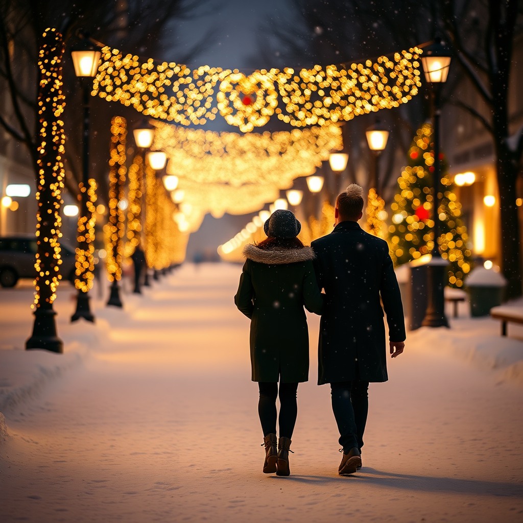romantic christmas couple walking in snow, street lights bokeh