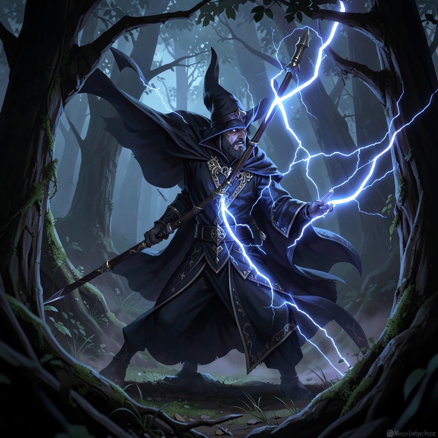 Dark wizard casting lightning magic in forest
