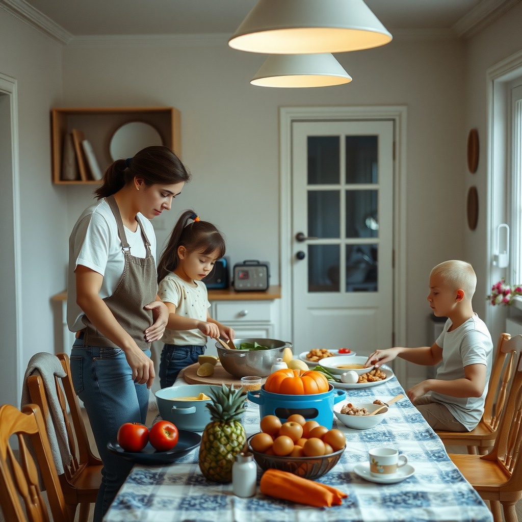 Photo-realistic editorial photography, realistic scene representing a family preparing dinner together