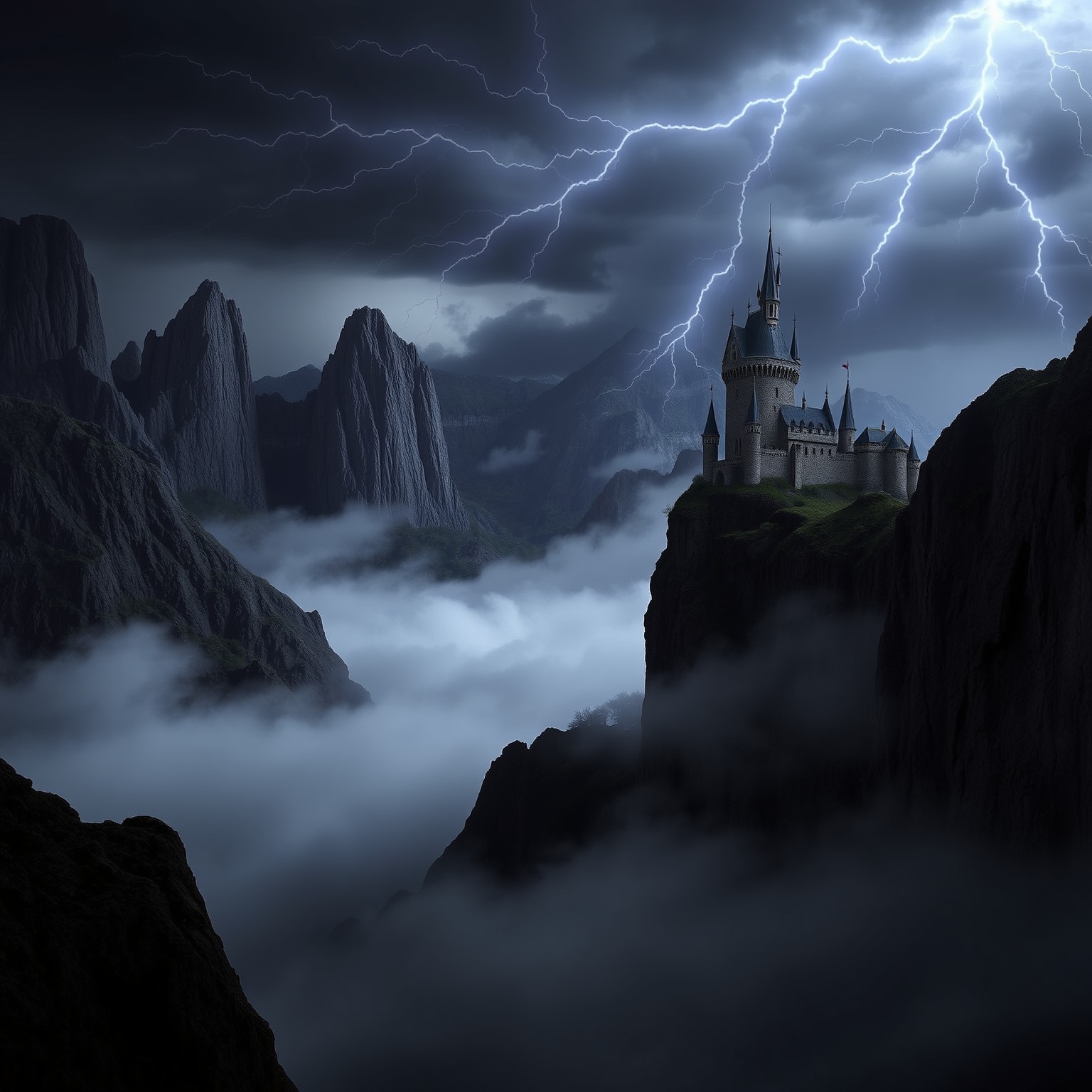 A dark fantasy landscape featuring towering mountains, a castle in mist, and a stormy sky.