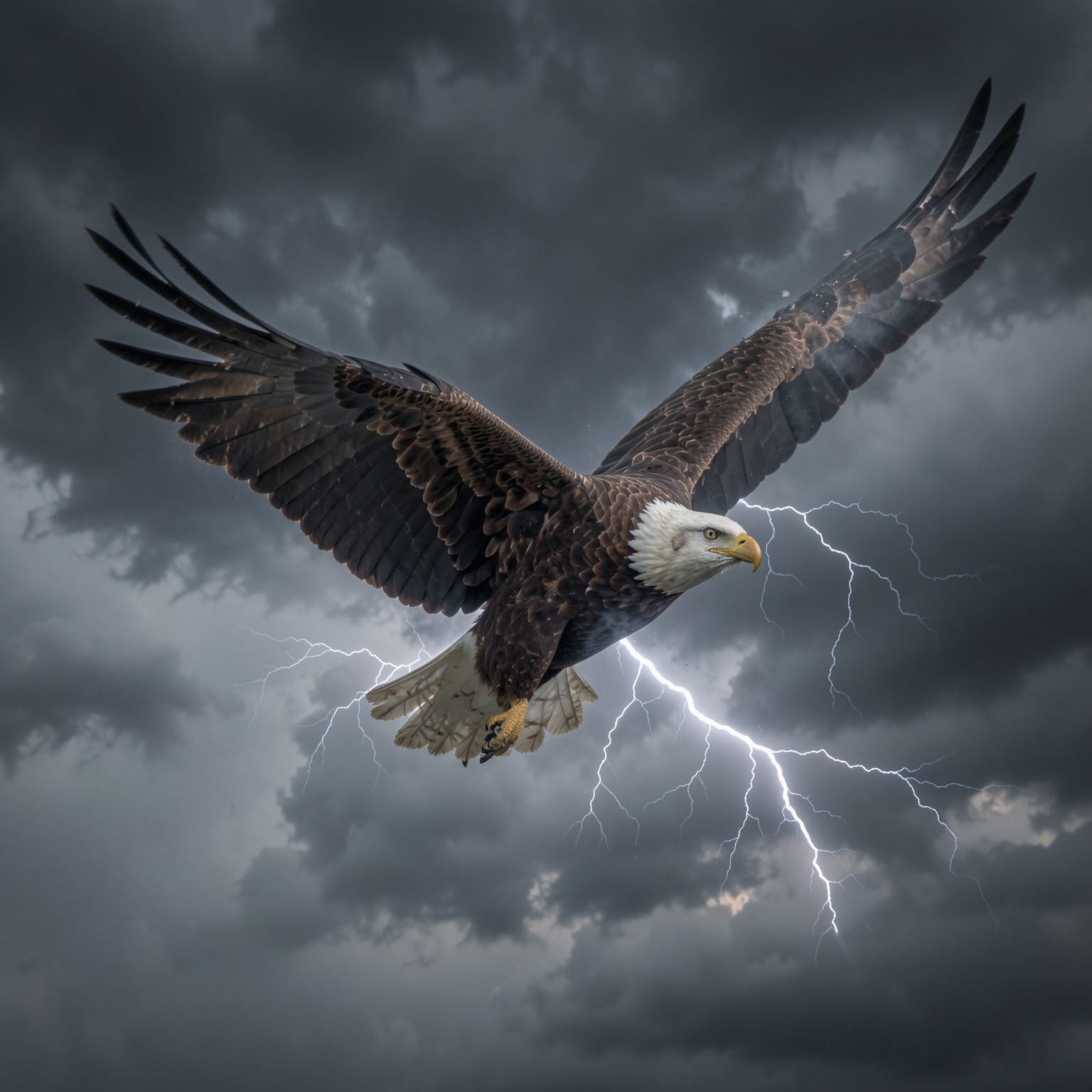 realistic eagle flying through storm clouds