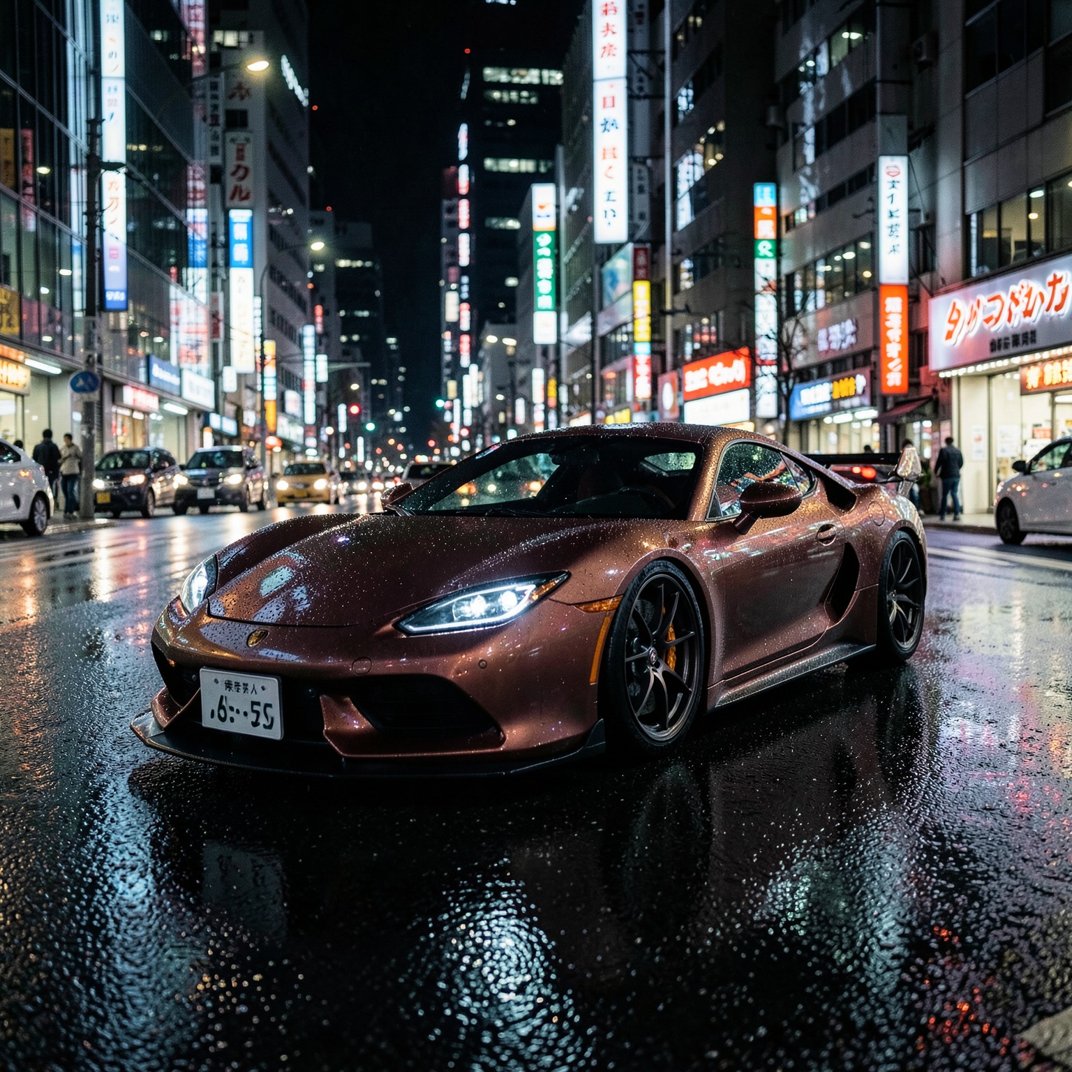 Ultra realistic sports car in Tokyo at night, wet asphalt reflections, cinematic photography