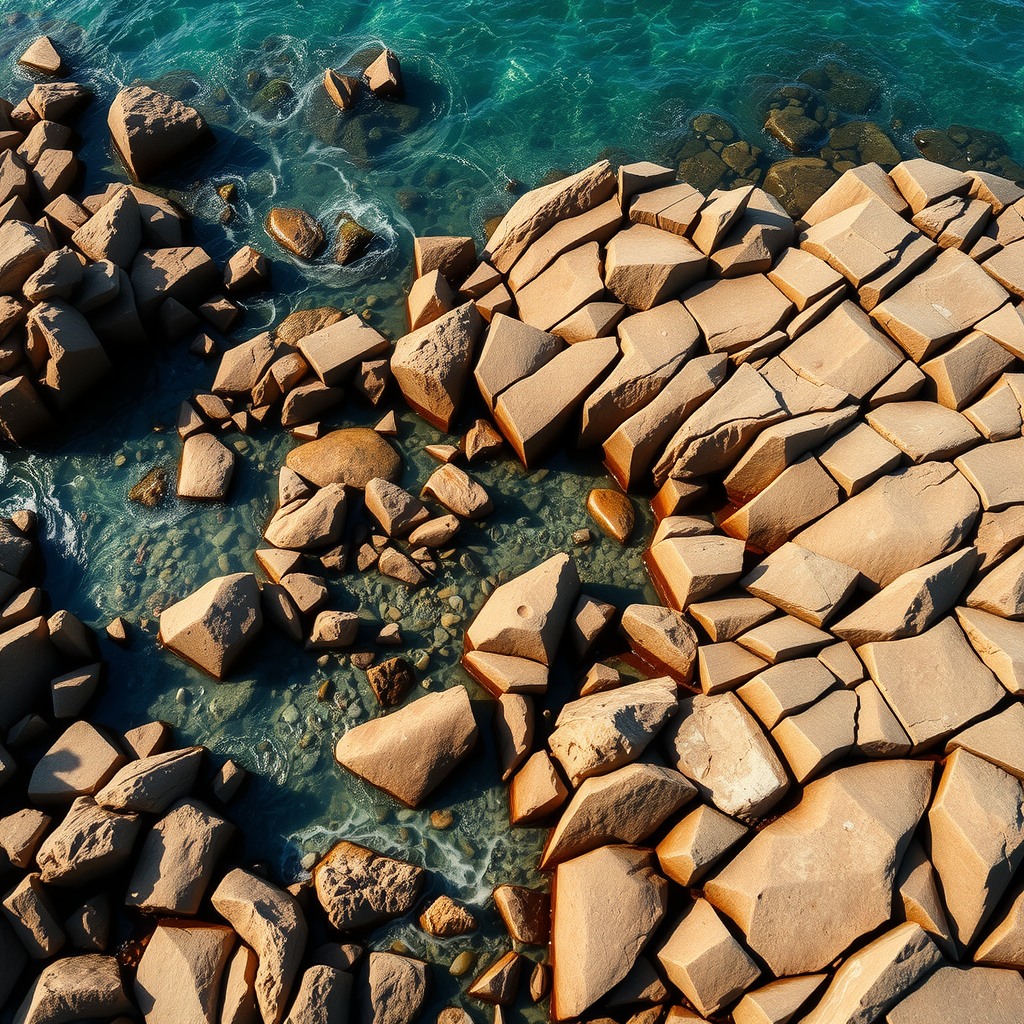 Photo-realistic rocky shoreline with turquoise water, natural erosion patterns, sharp textures