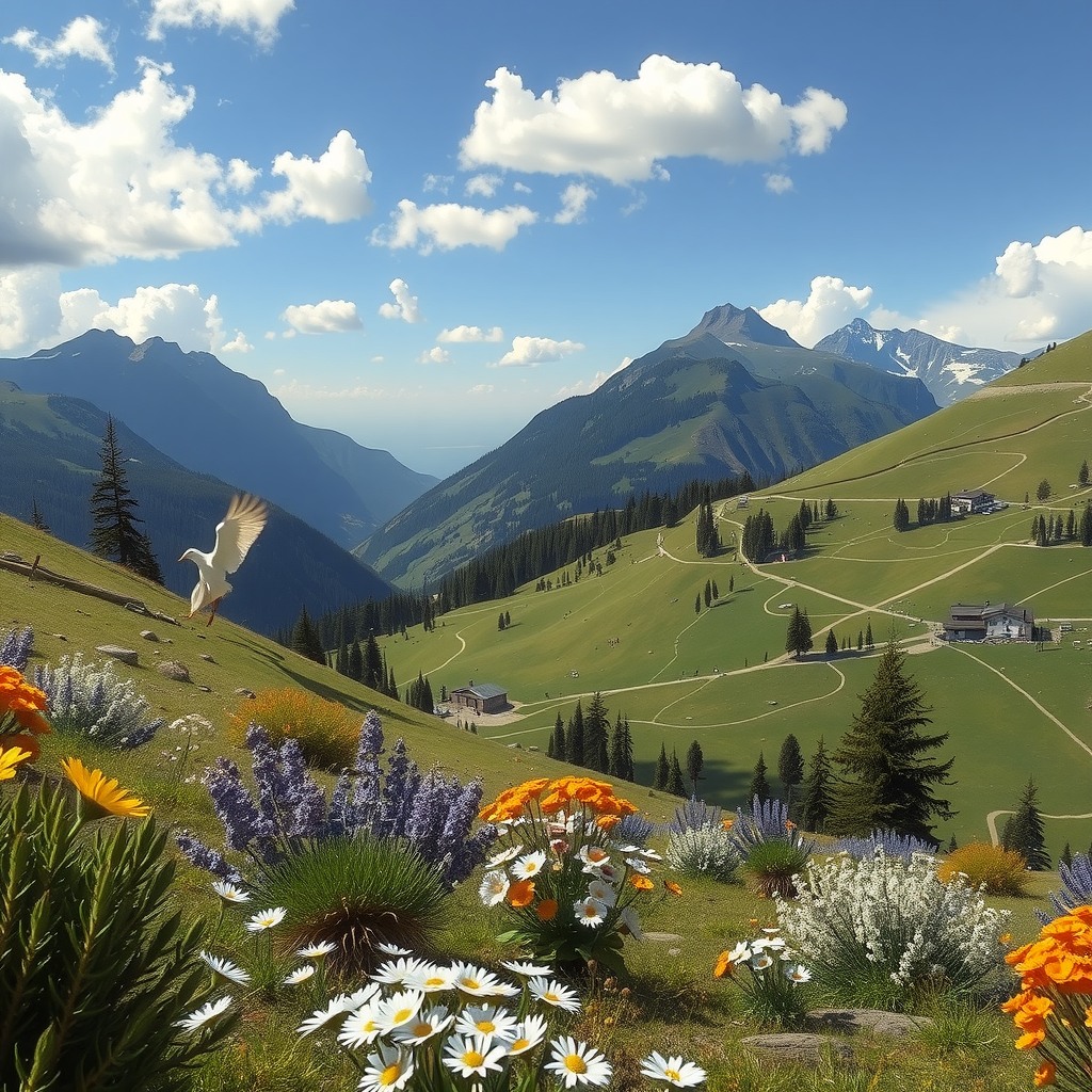 Photo-realistic editorial photography, realistic scene representing valley with wildflowers