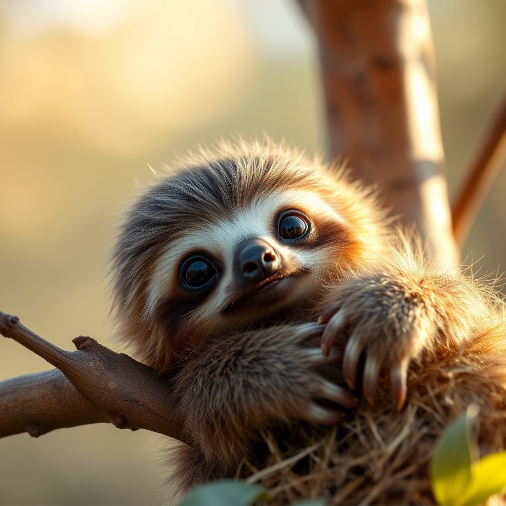 fluffy sloth, soft natural daylight, cinematic cute look
