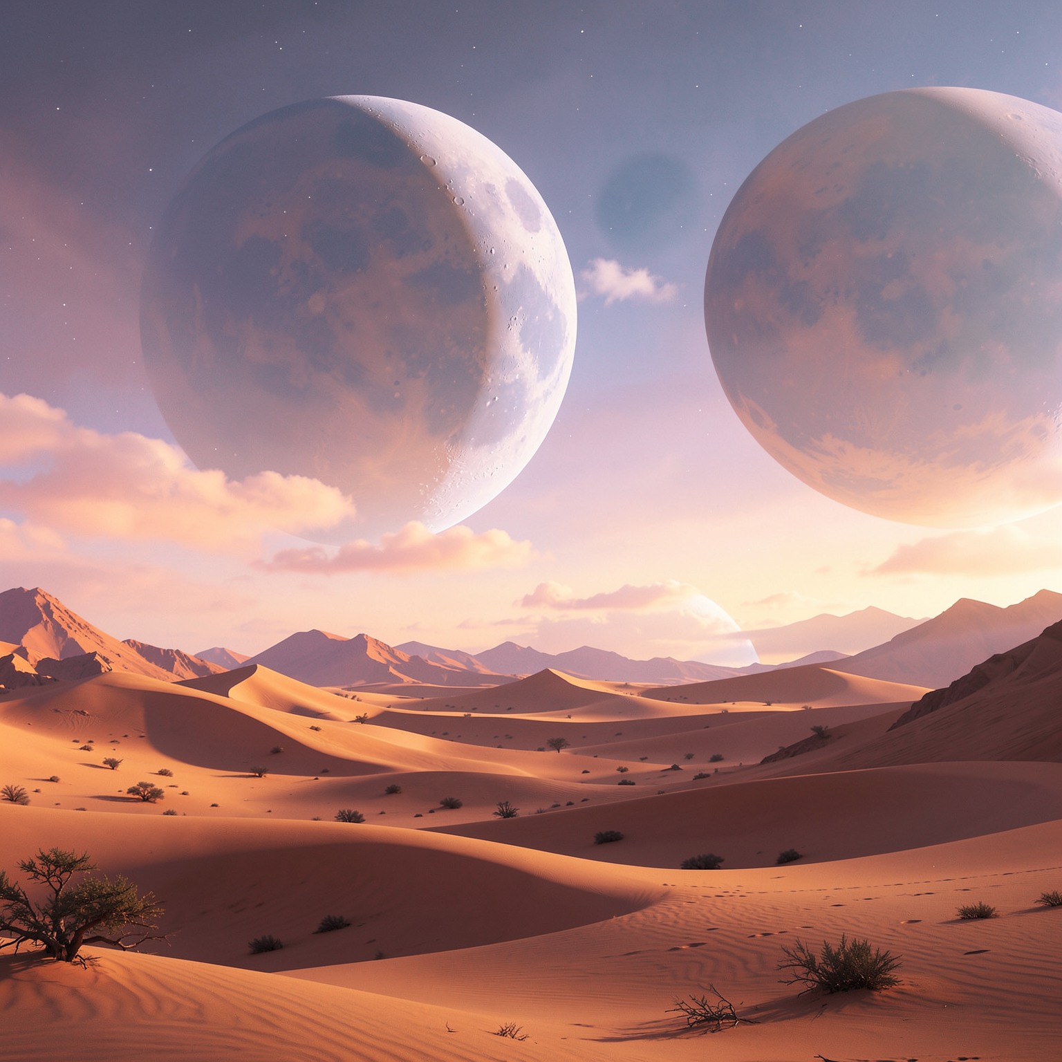 dreamlike surreal desert with giant floating moons