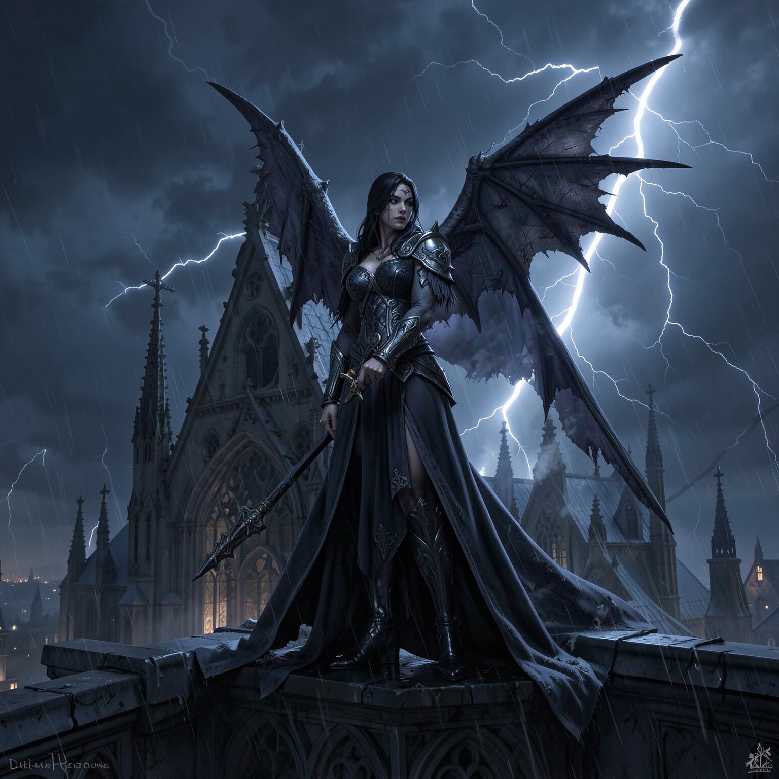 Dark angel standing on cathedral rooftop during lightning storm