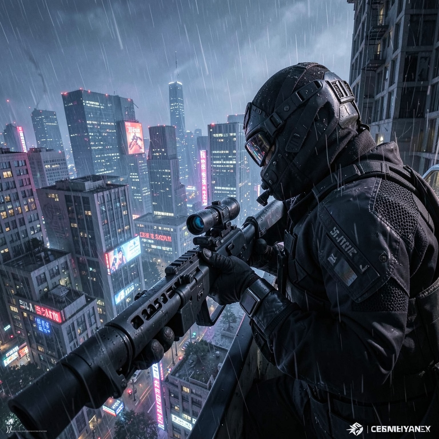 Cyberpunk sniper overlooking rainy megacity