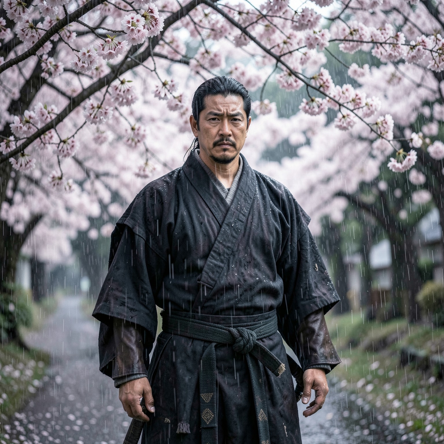 realistic samurai standing under cherry blossoms in the rain