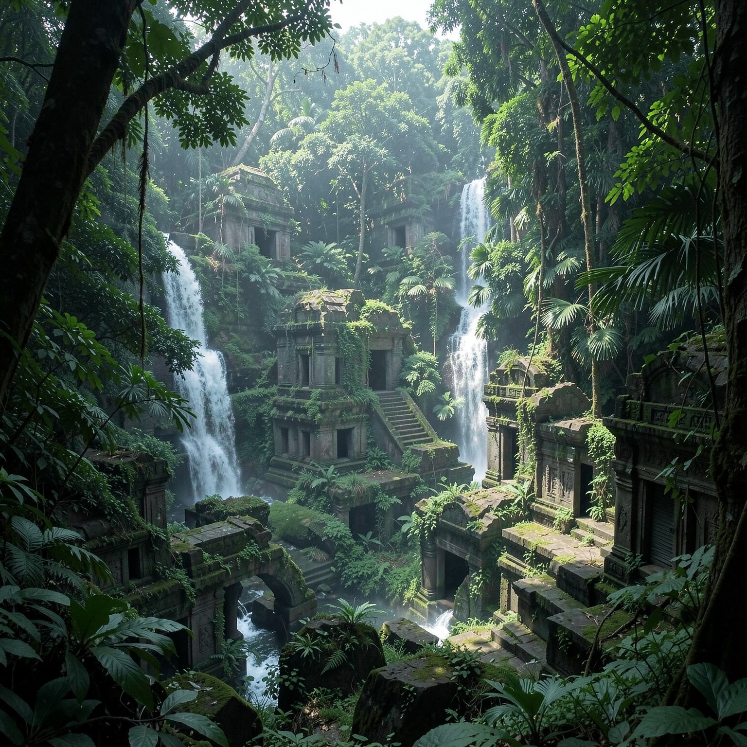 ancient ruins hidden deep inside jungle with waterfalls