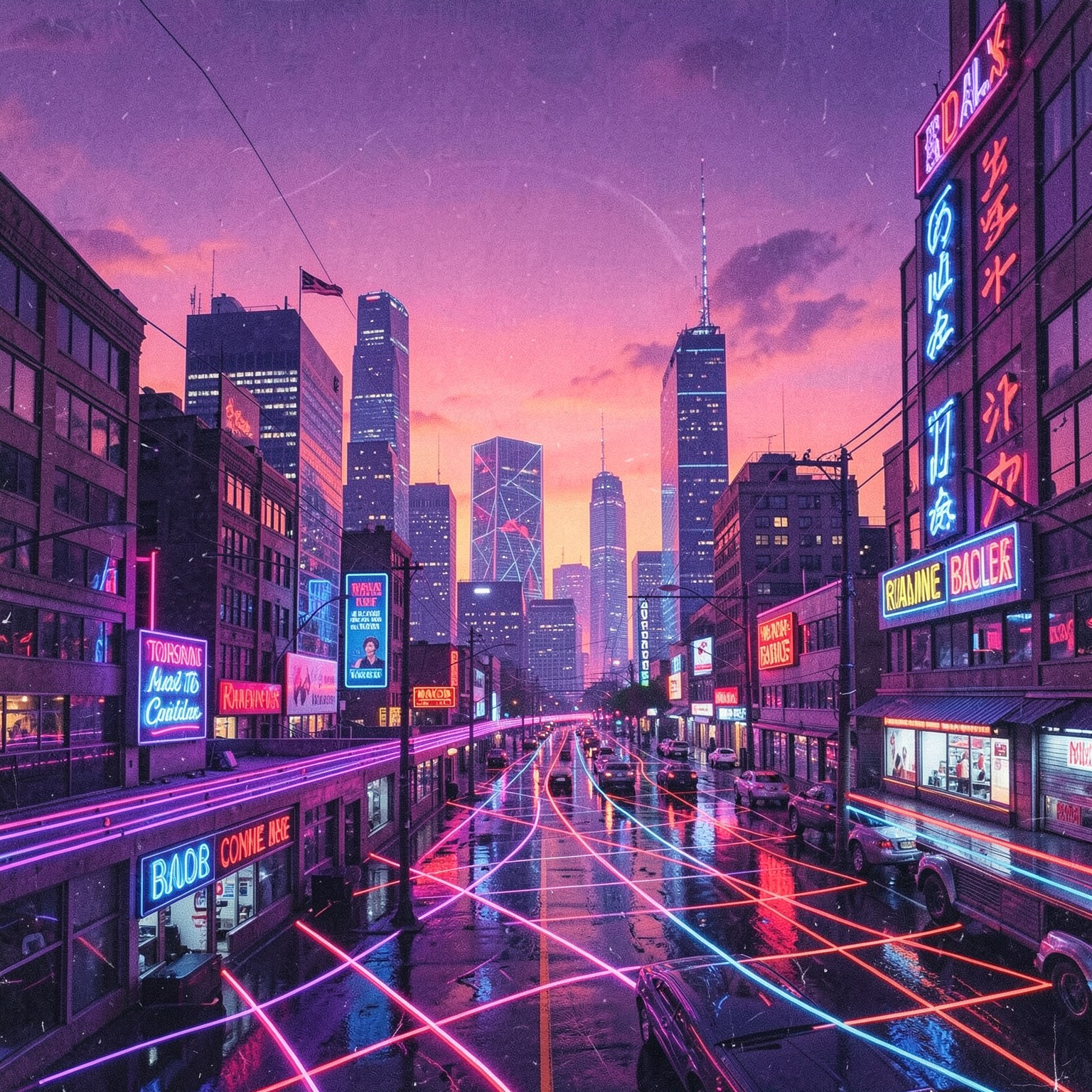 retro 1980s synthwave city at sunset with neon grid