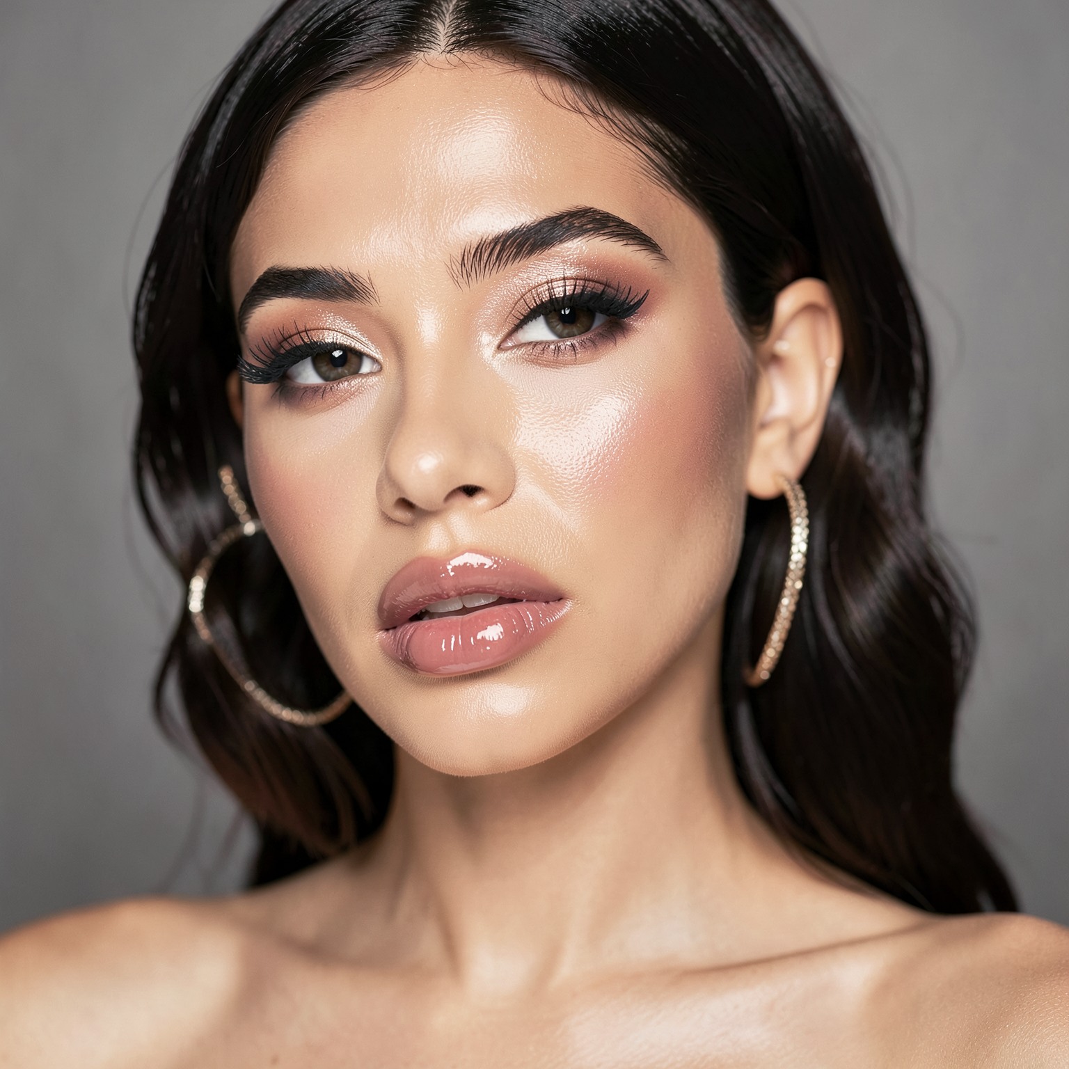 Glamorous portrait with soft studio lighting and glossy lips, beauty campaign aesthetic