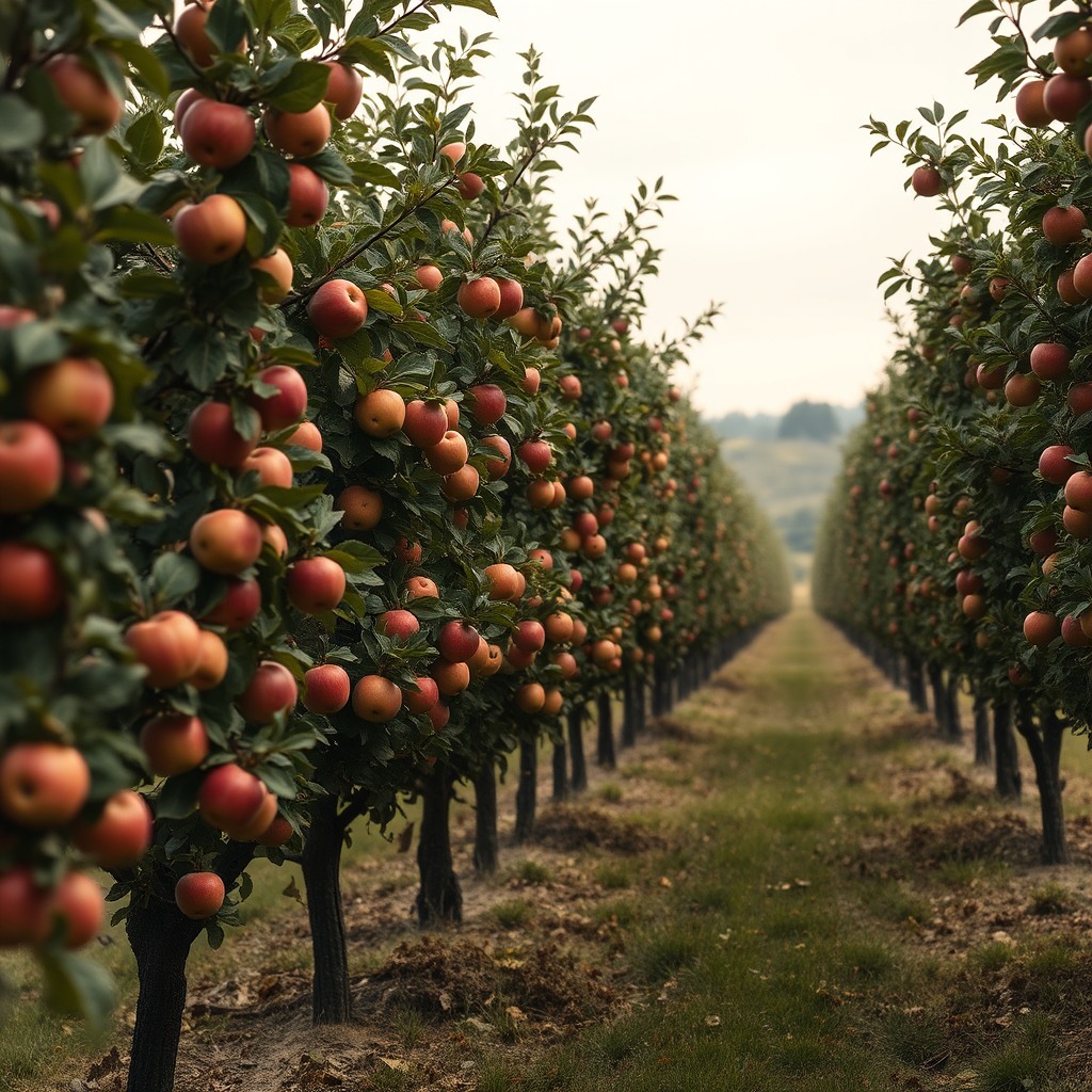 apple orchard at harvest time, cinematic countryside mood