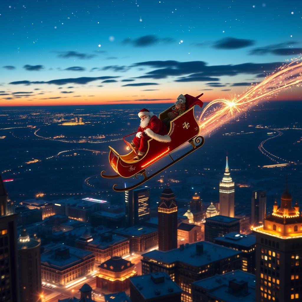 epic santa sleigh flying over city, cinematic night sky