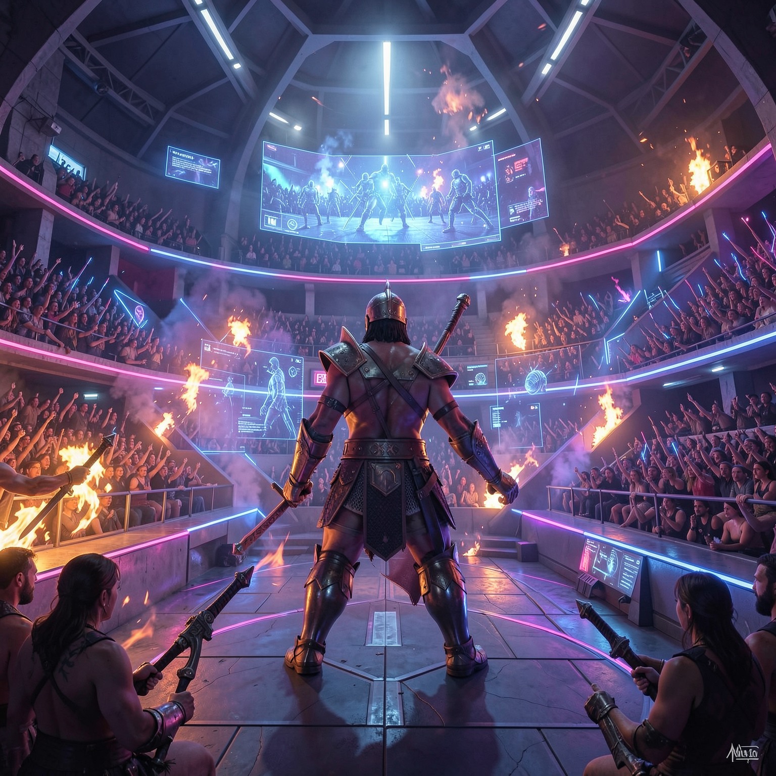 Futuristic gladiator arena with holographic audience and neon fire