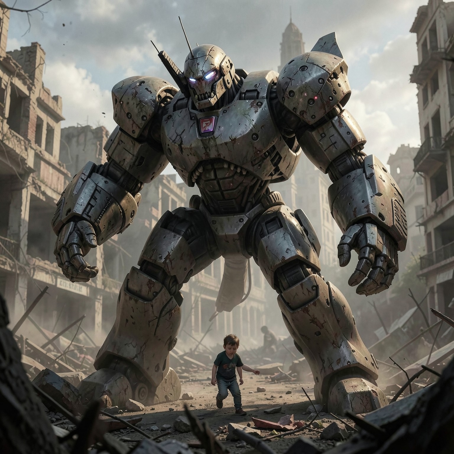 giant robot protecting a small child in ruined city, emotional cinematic scene