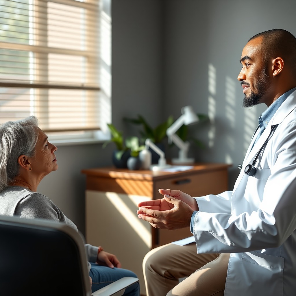 Photo-realistic editorial photography, realistic scene representing a doctor consulting patient in private clinic, calm atmosphere, natural light, sharp focus