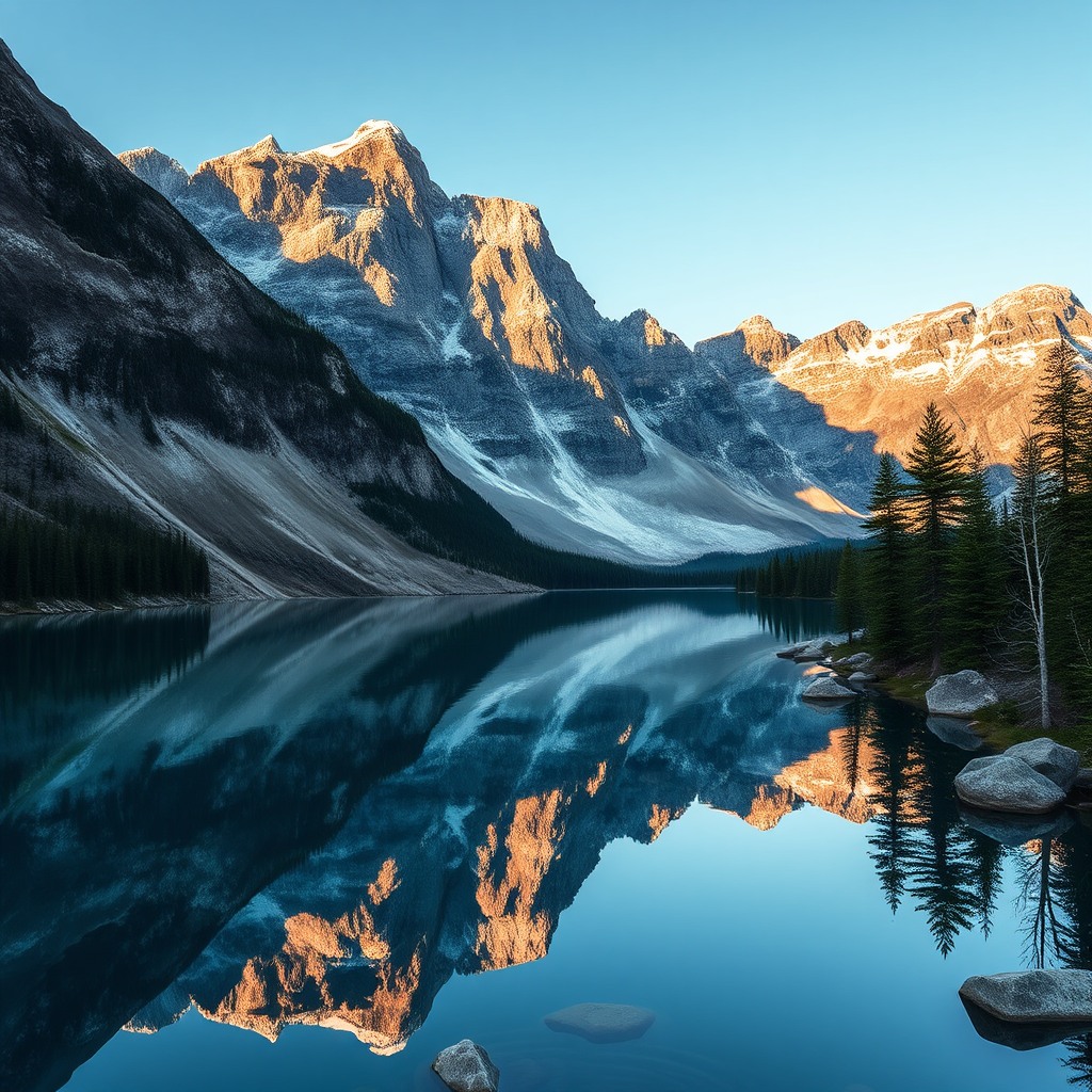 photorealistic mountain lake reflection, calm water, ultra sharp detail