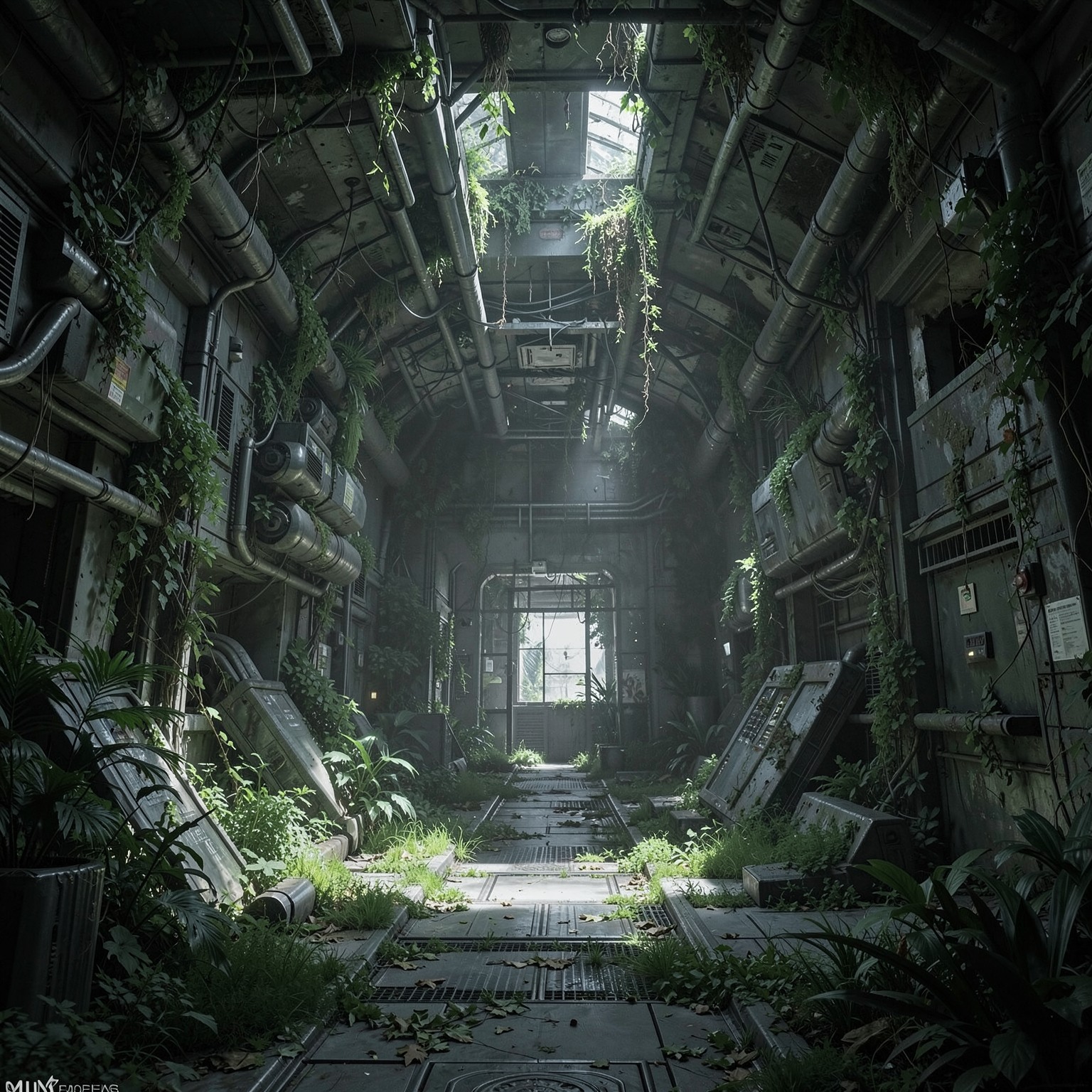 abandoned space station interior covered with plants and nature reclaiming technology