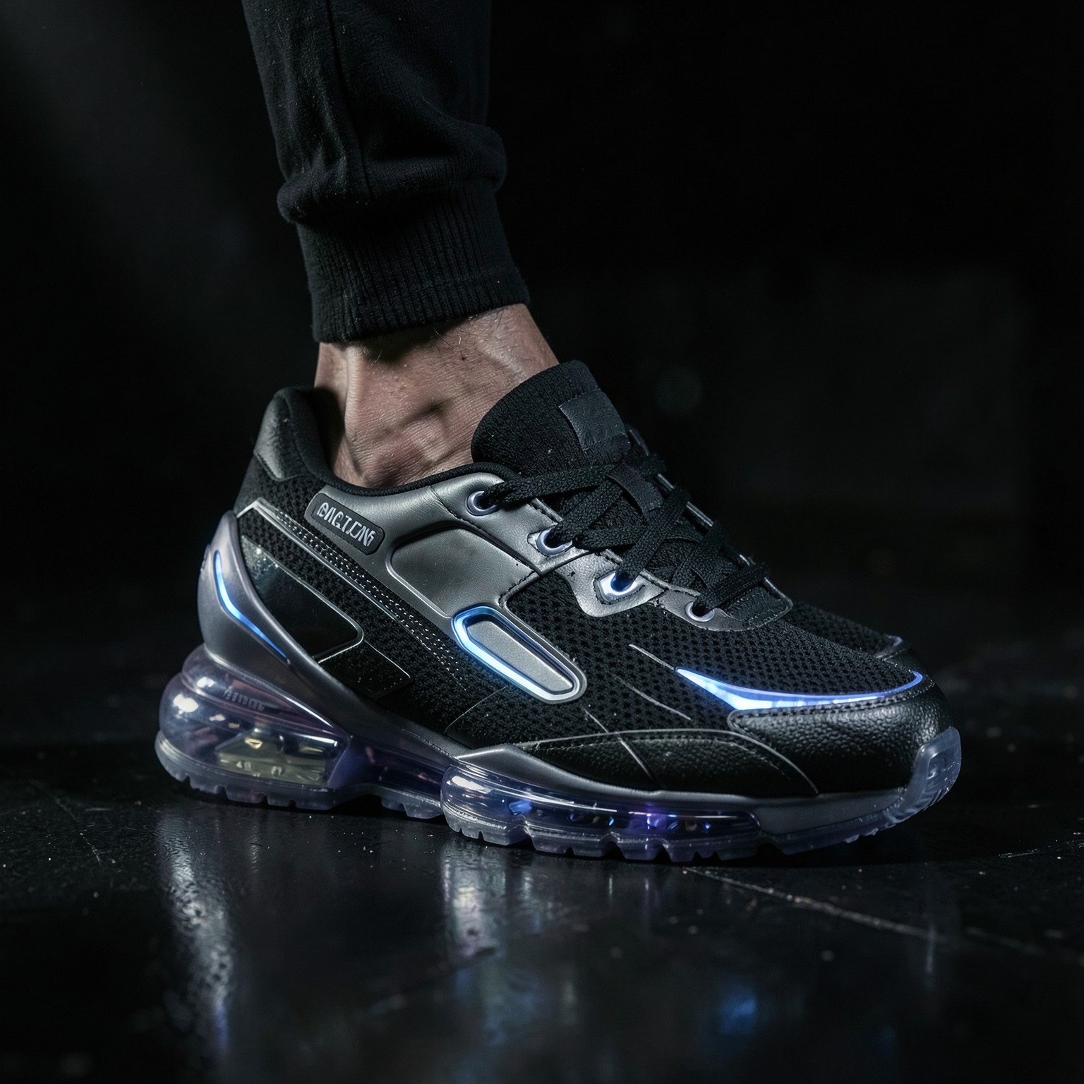 futuristic sneaker commercial shot, dramatic lighting