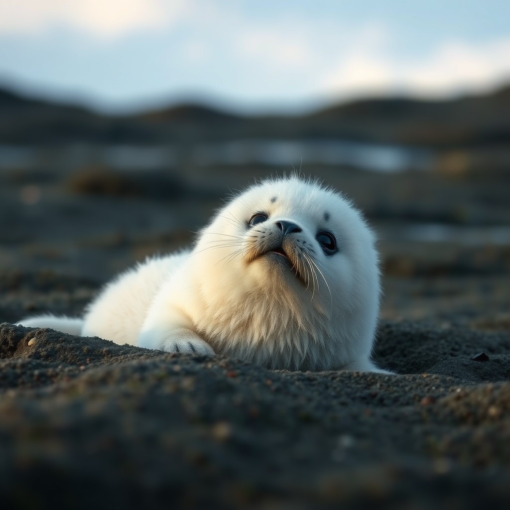 fluffy seal, storybook style, cinematic cute look