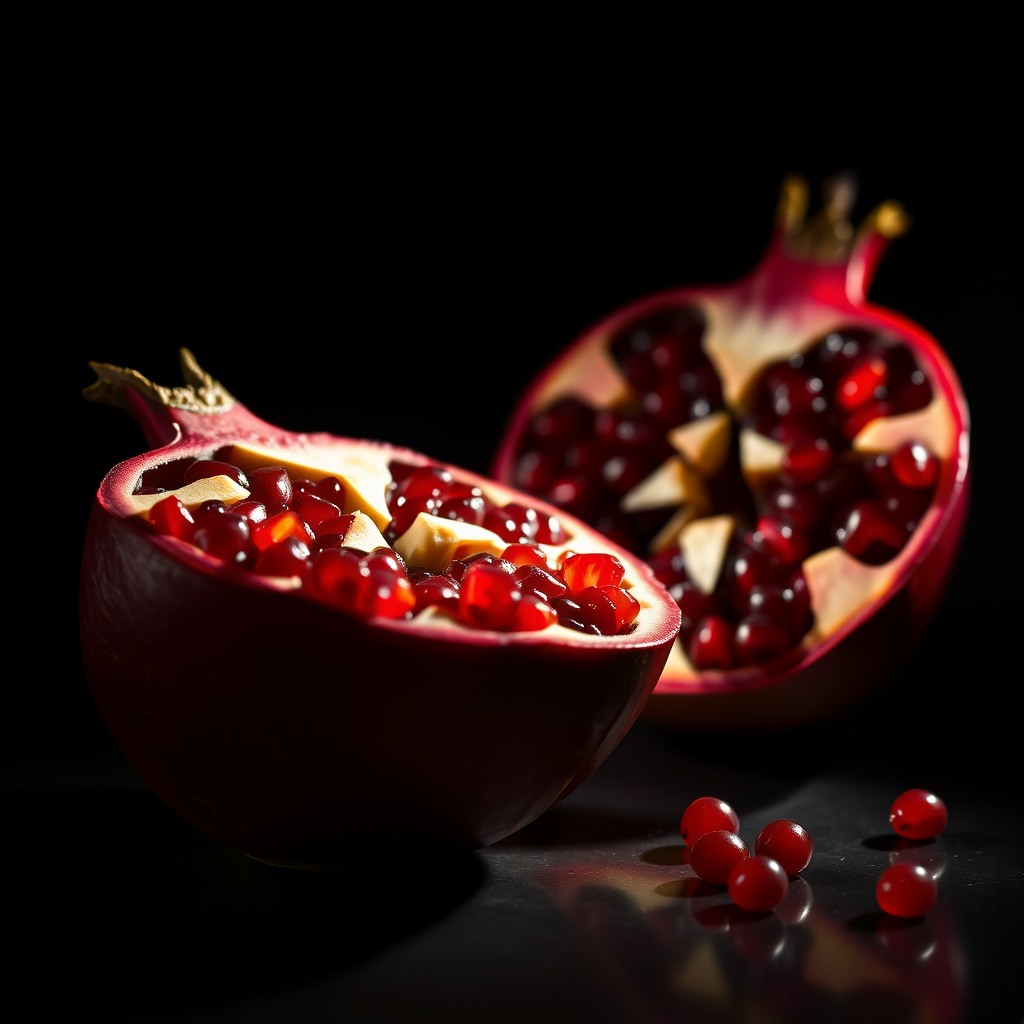 pomegranate split open, dramatic lighting, rich colors