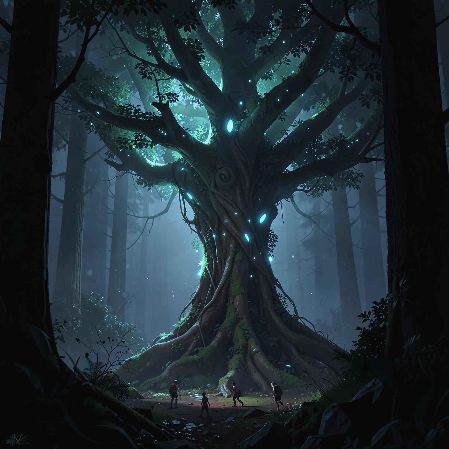 Massive alien tree glowing in dark forest, tiny travelers below