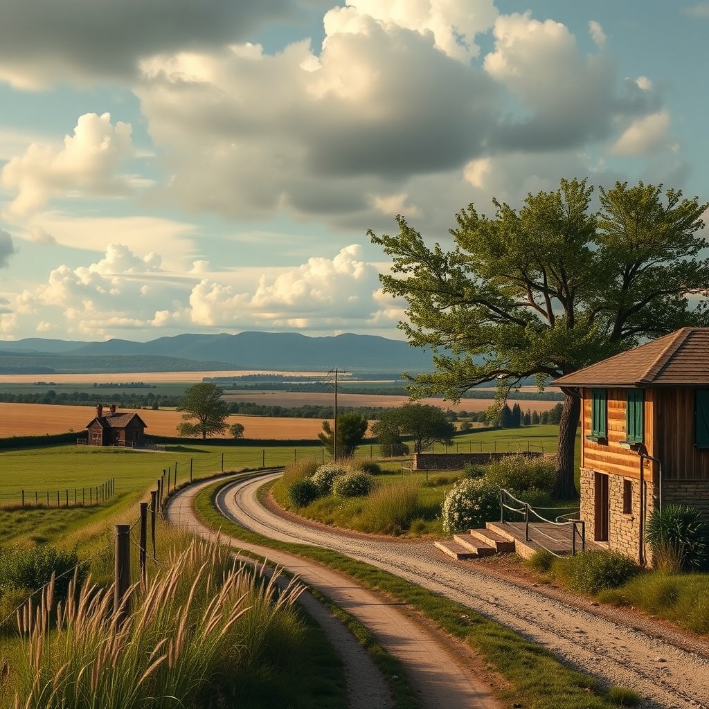Photo-realistic editorial photography, realistic scene representing rural landscape