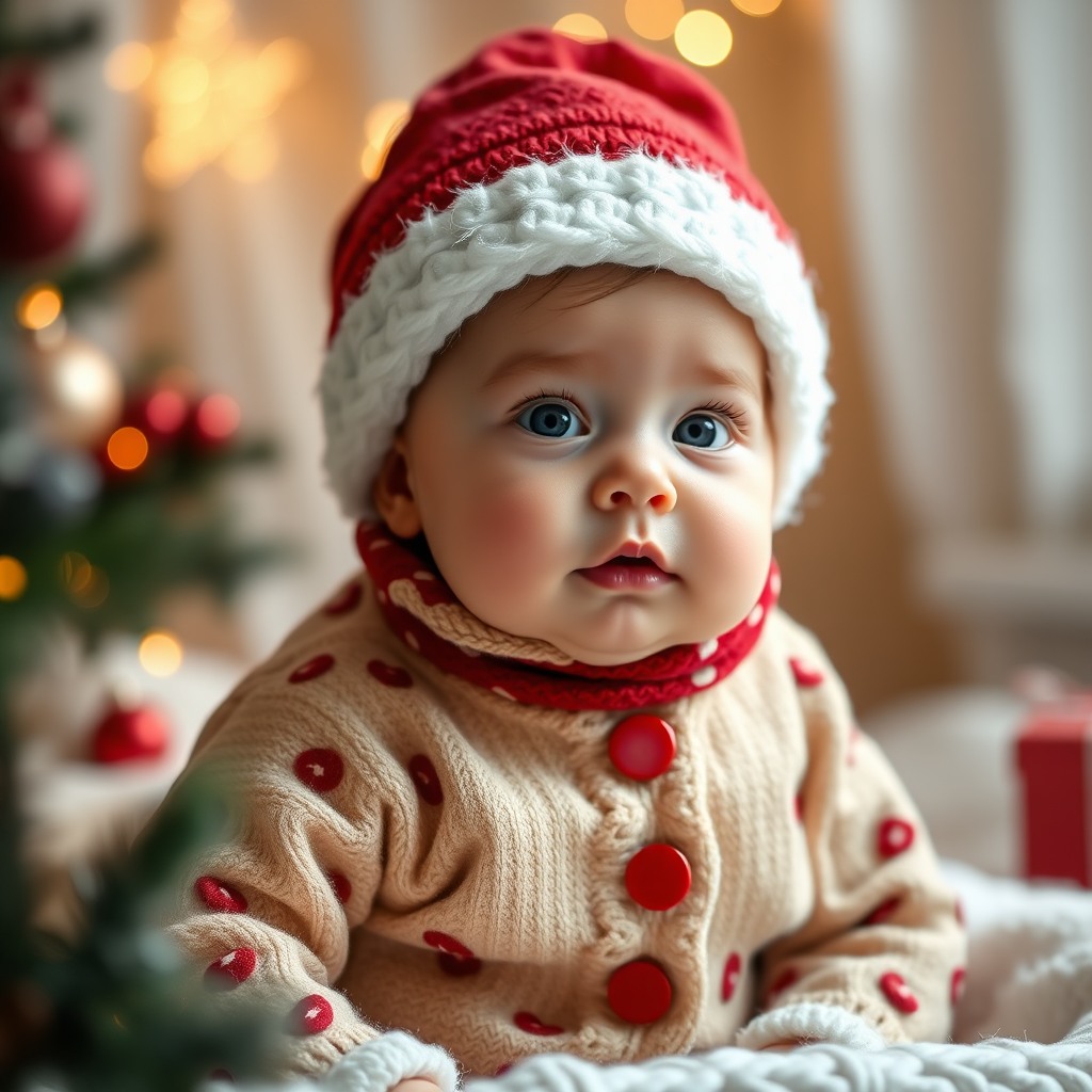 cute baby in christmas outfit, soft light, photorealistic