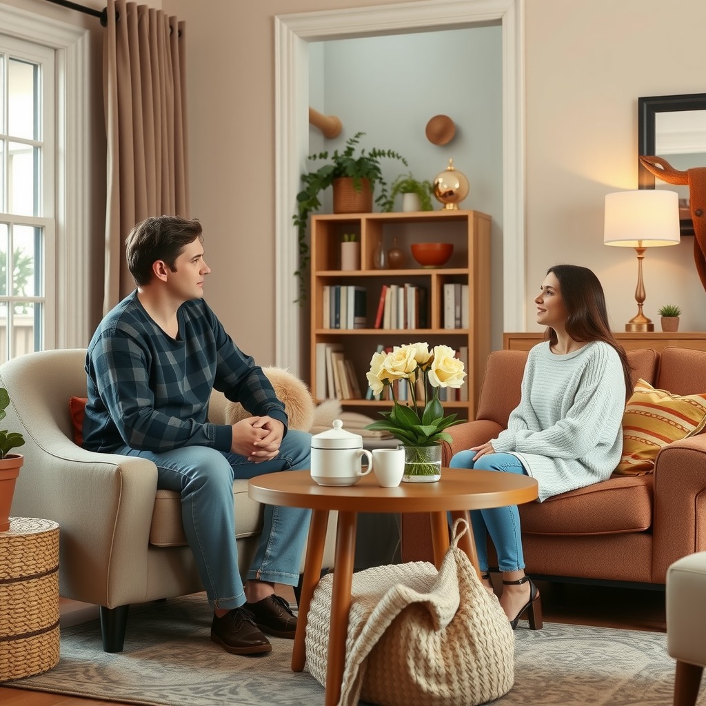 Photo-realistic editorial photography, realistic scene representing friends talking in cozy living room