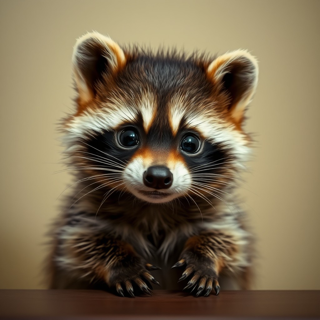tiny raccoon, cozy indoor light, big sparkling eyes